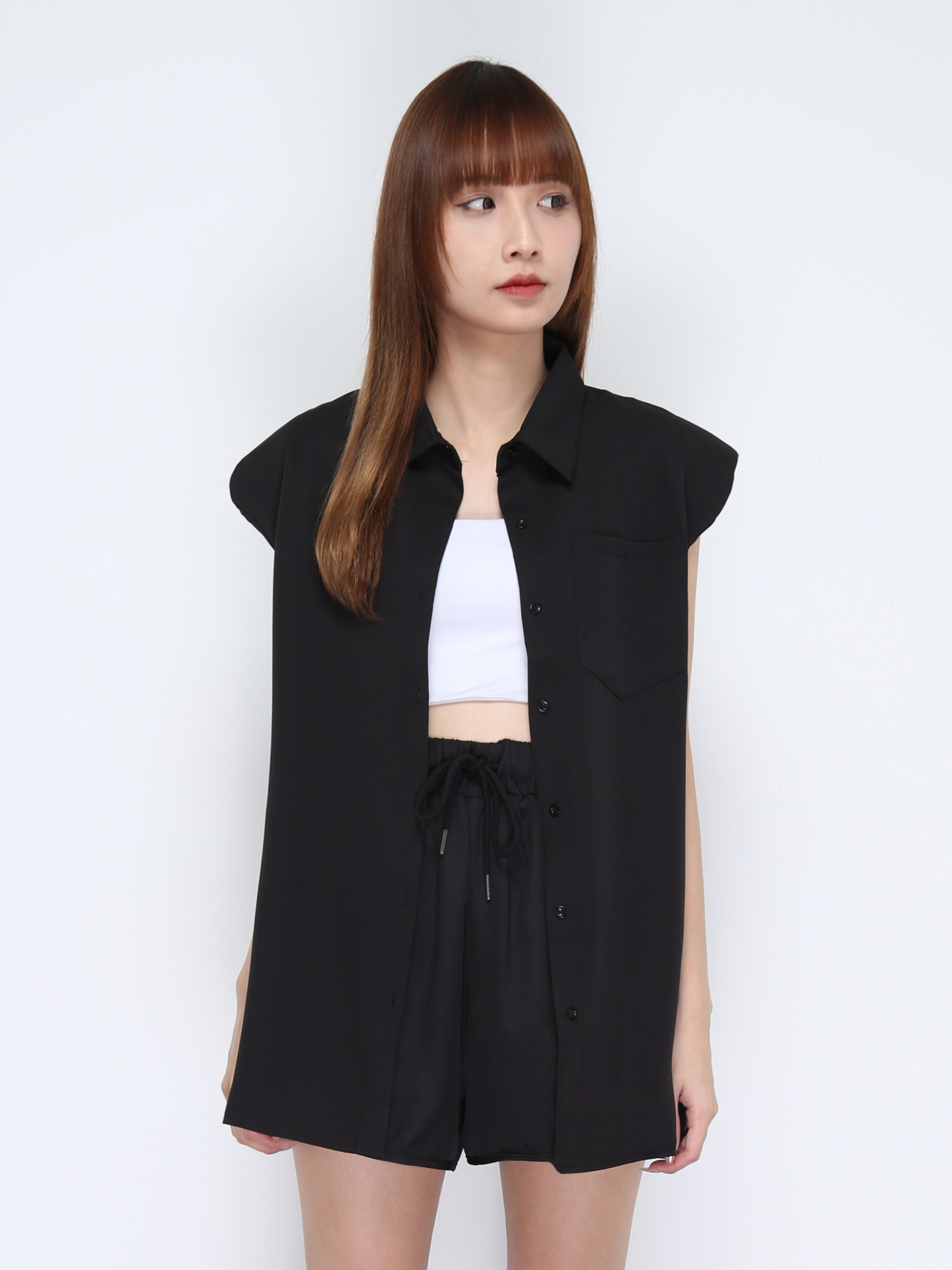 Collar Front Button Top And High Waist Short Pant 21041