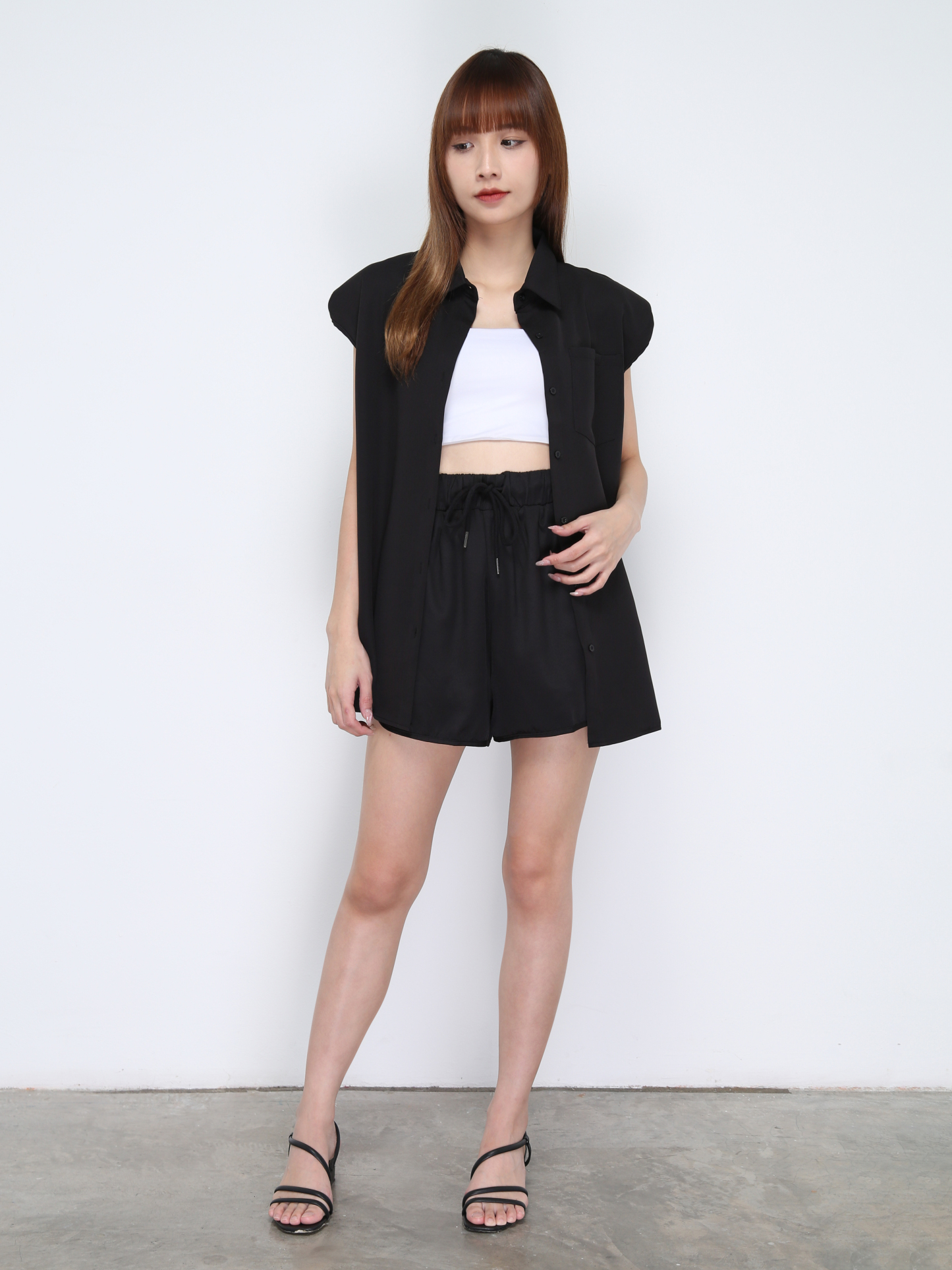 Collar Front Button Top And High Waist Short Pant 21041