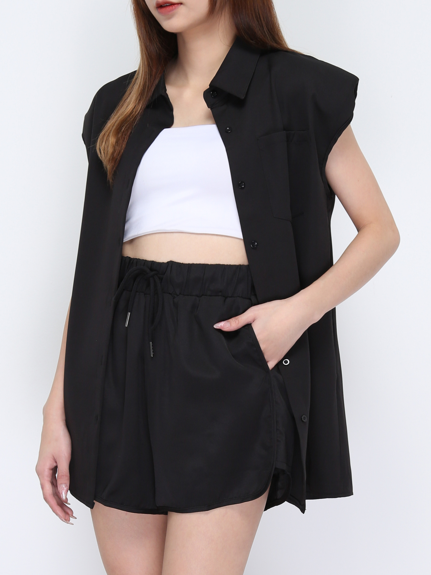 Collar Front Button Top And High Waist Short Pant 21041