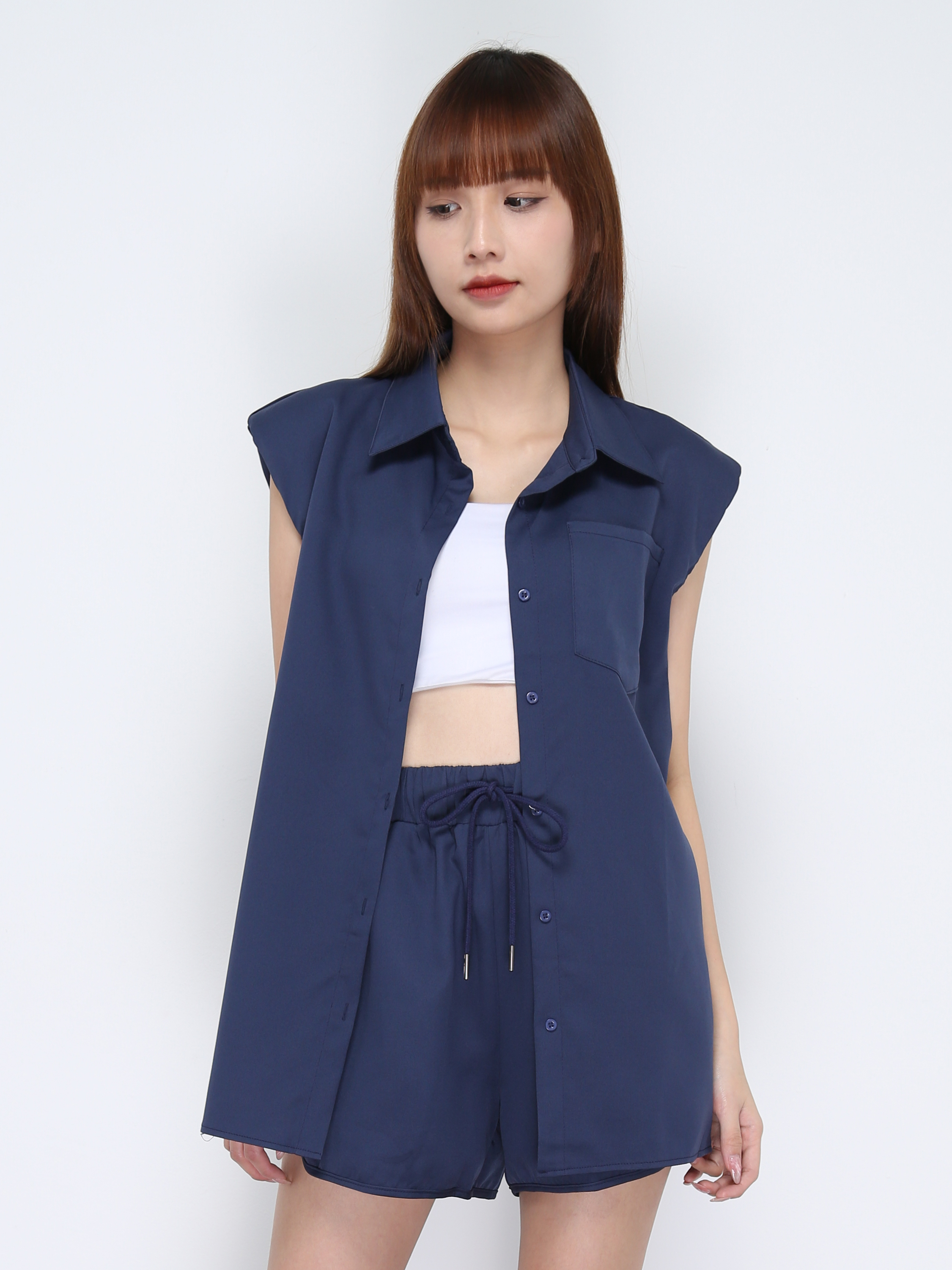 Collar Front Button Top And High Waist Short Pant 21041