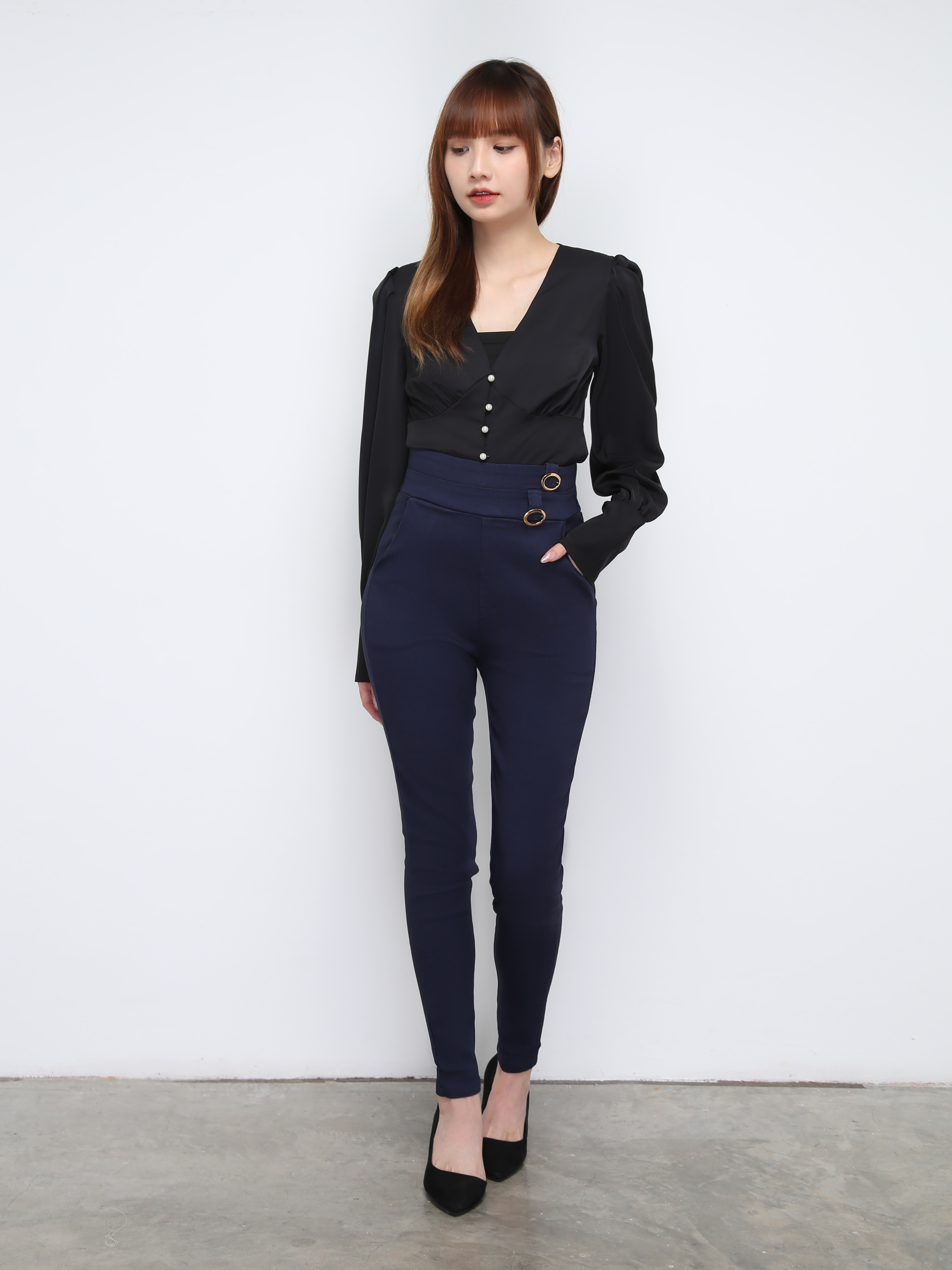 High Waist Decorative With Ting Buckle Long Pants 21267