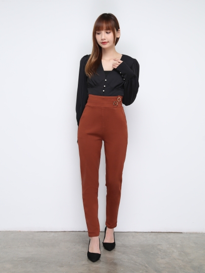 High Waist Decorative With Ting Buckle Long Pants 21267