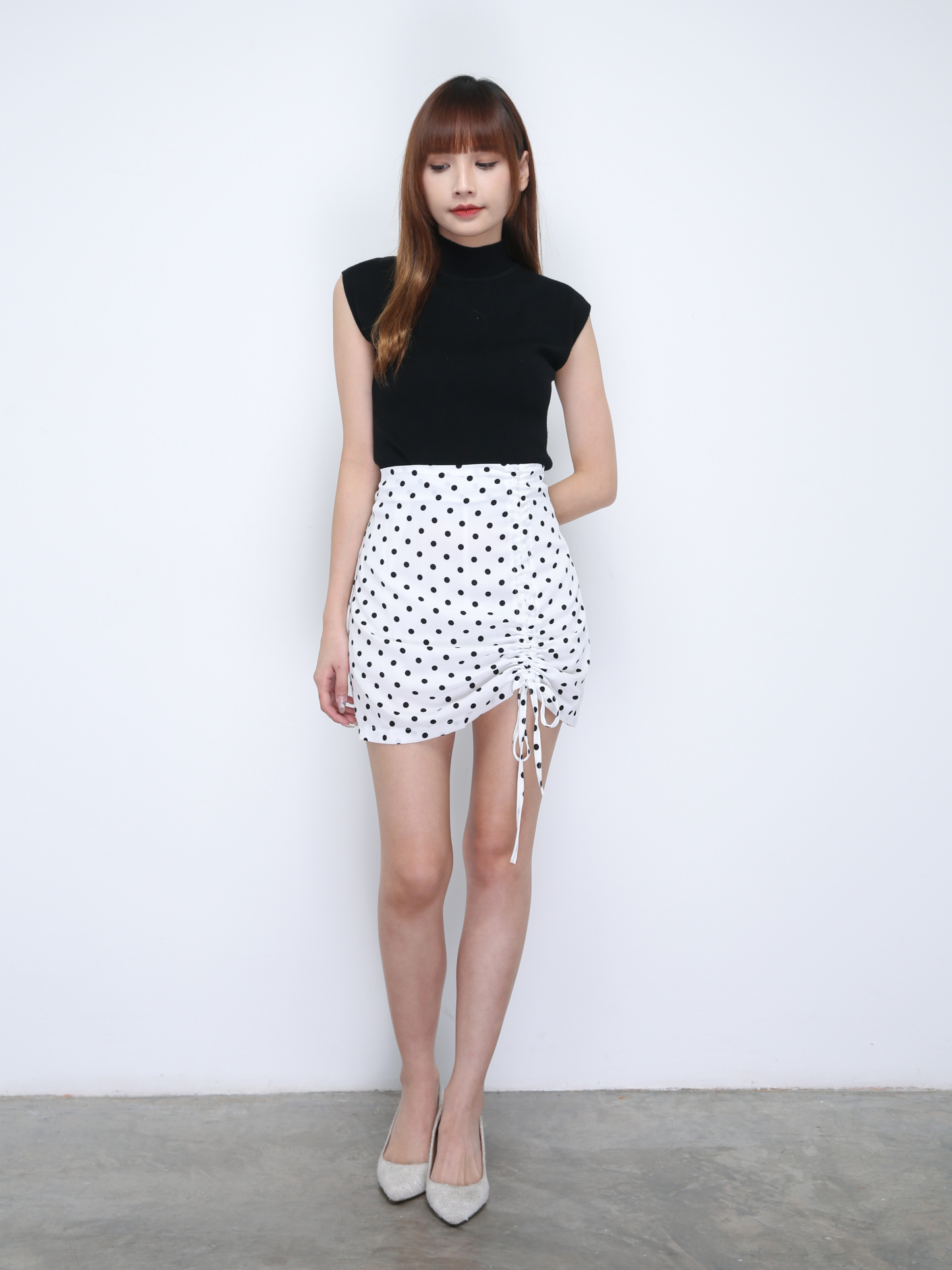 High Waist Polka Dot With Drawstring Skirt 21778