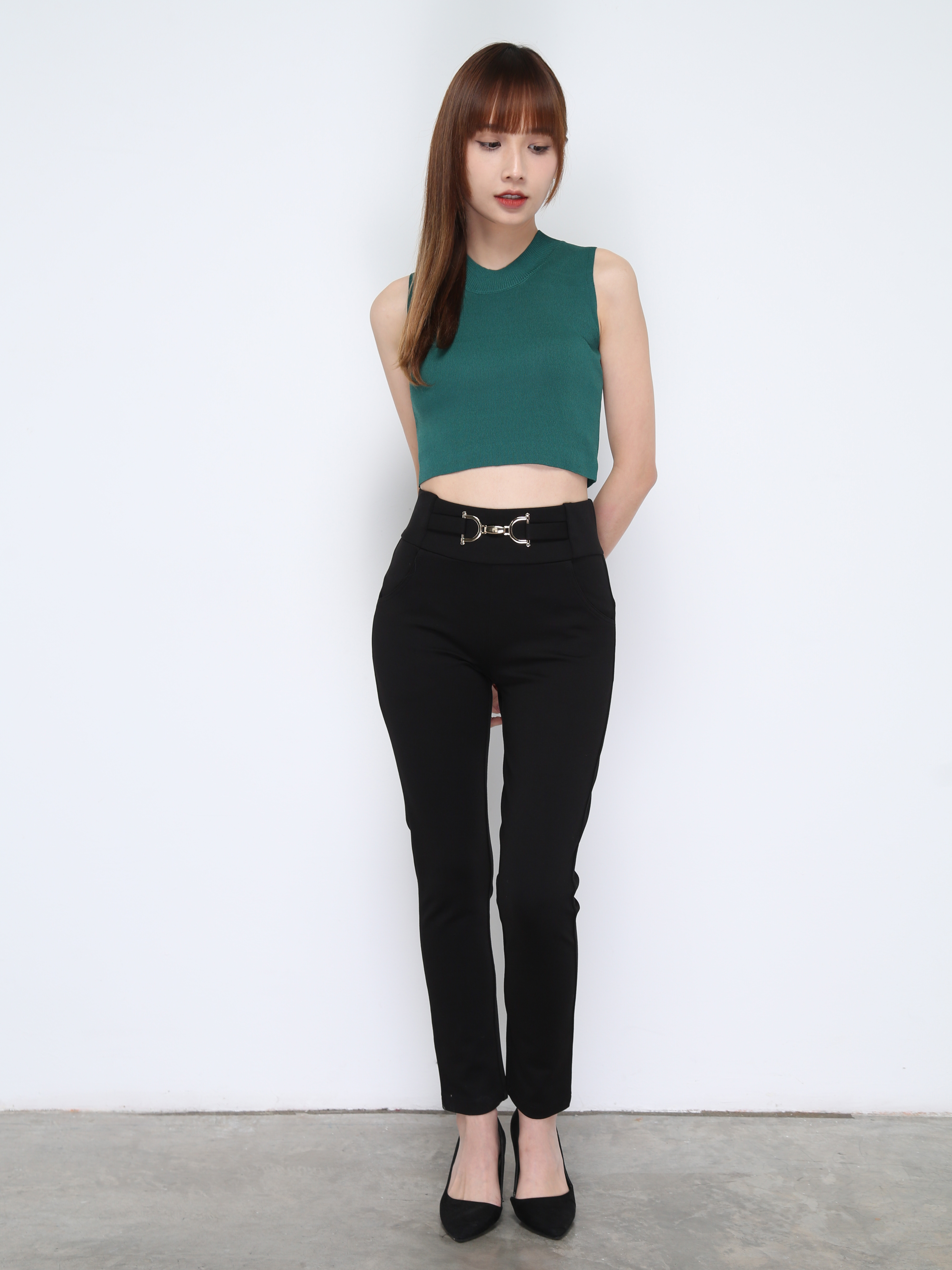 Decorative Belt Gold Buckle Long Pants 21068