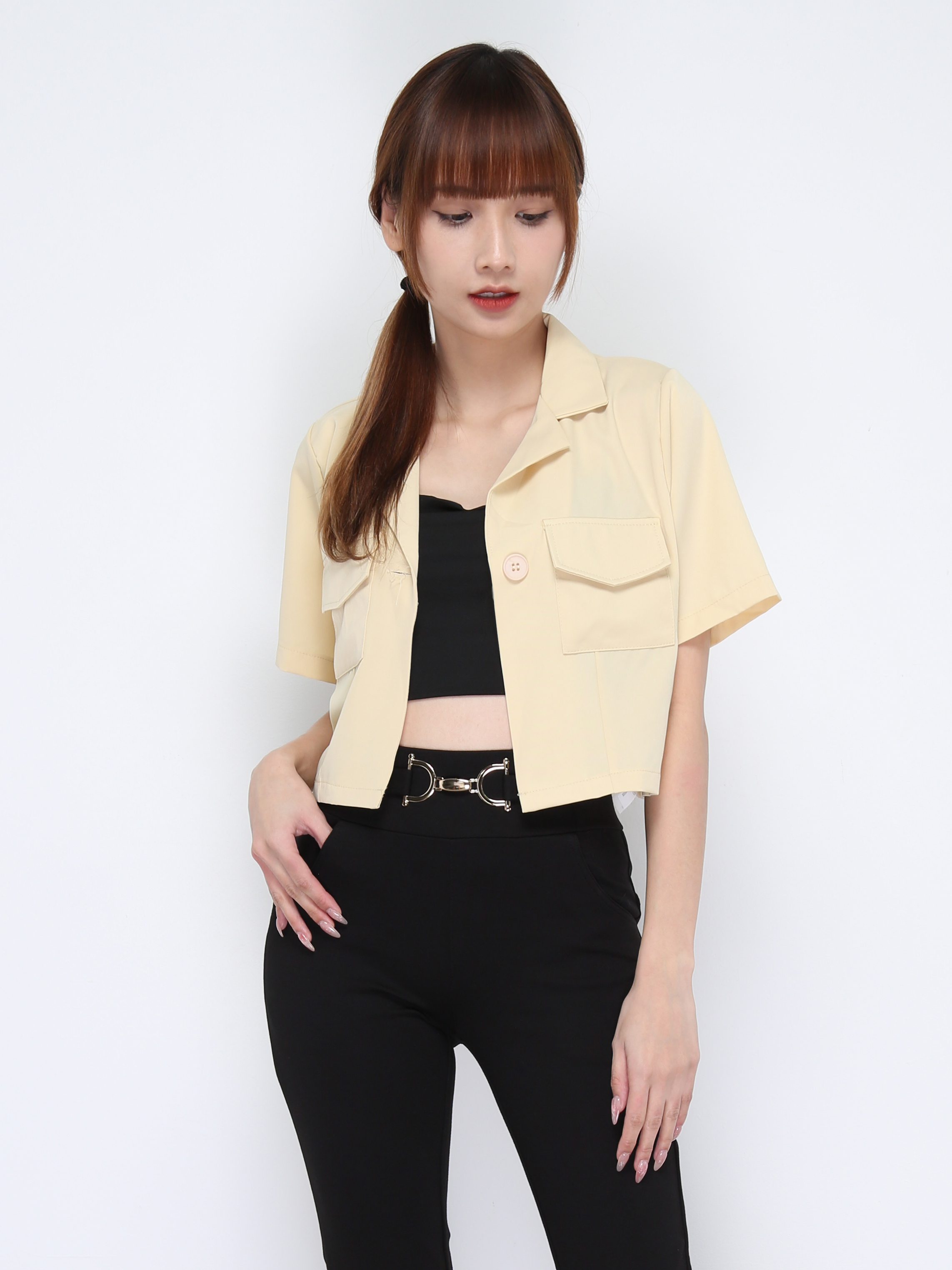 Notched Neck Front Button And Pocket Top 21022