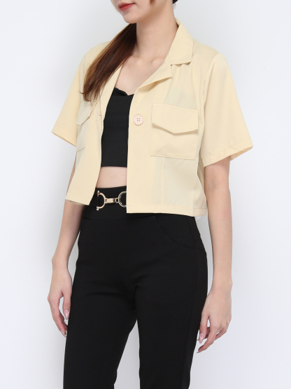Notched Neck Front Button And Pocket Top 21022