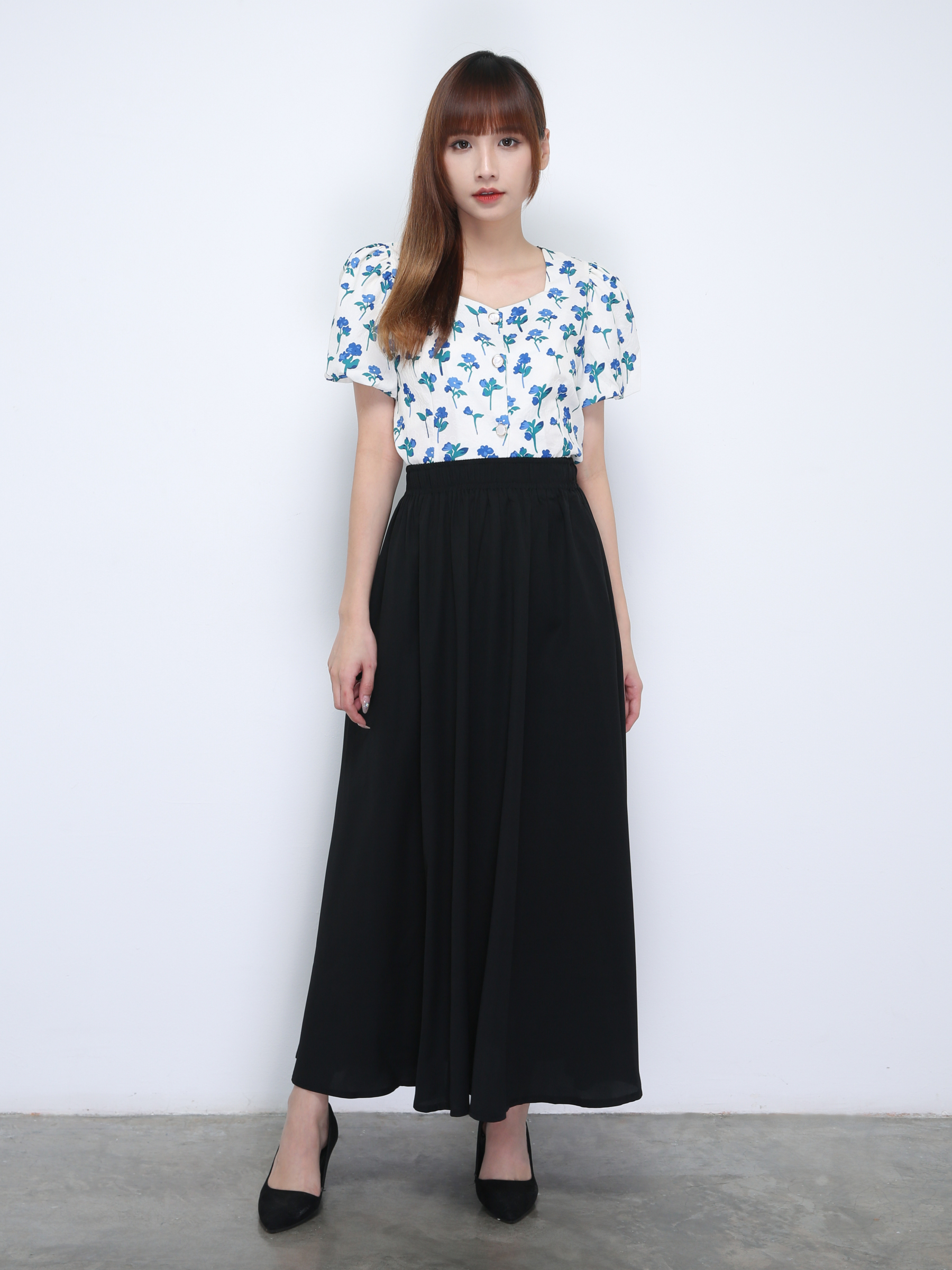 Floral Puff Sleeve Front Button Top 21876