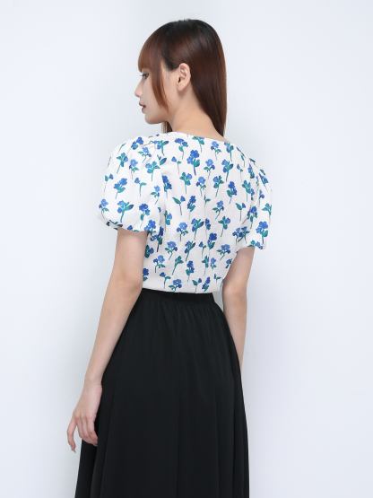 Floral Puff Sleeve Front Button Top 21876