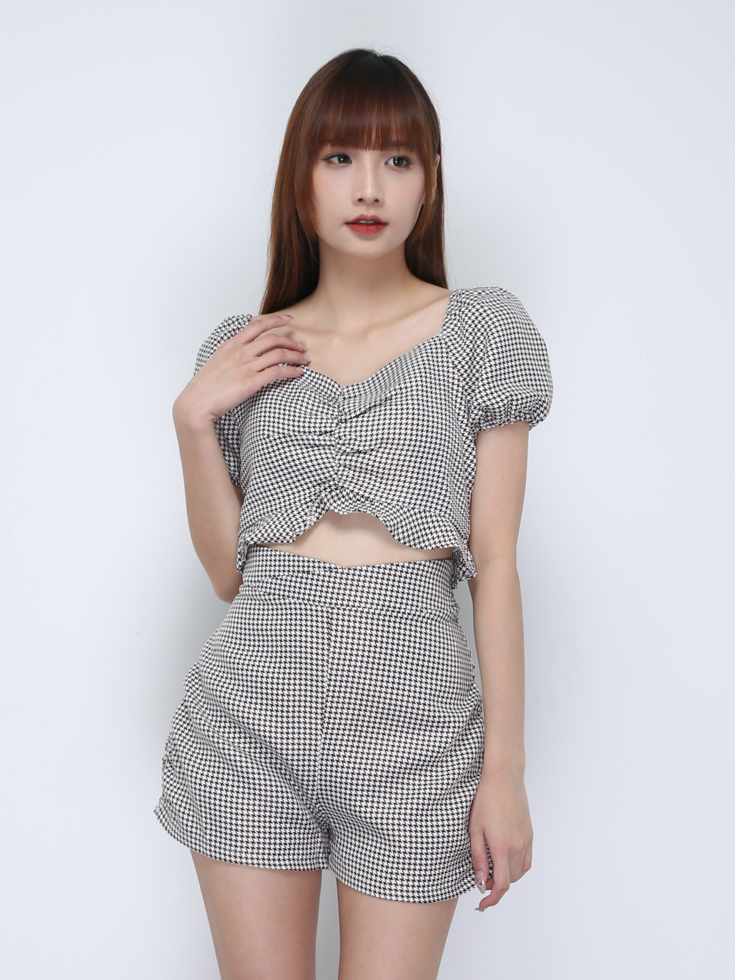 Houndstooth Front Pleated Crop Top With Short Pants Set 21972