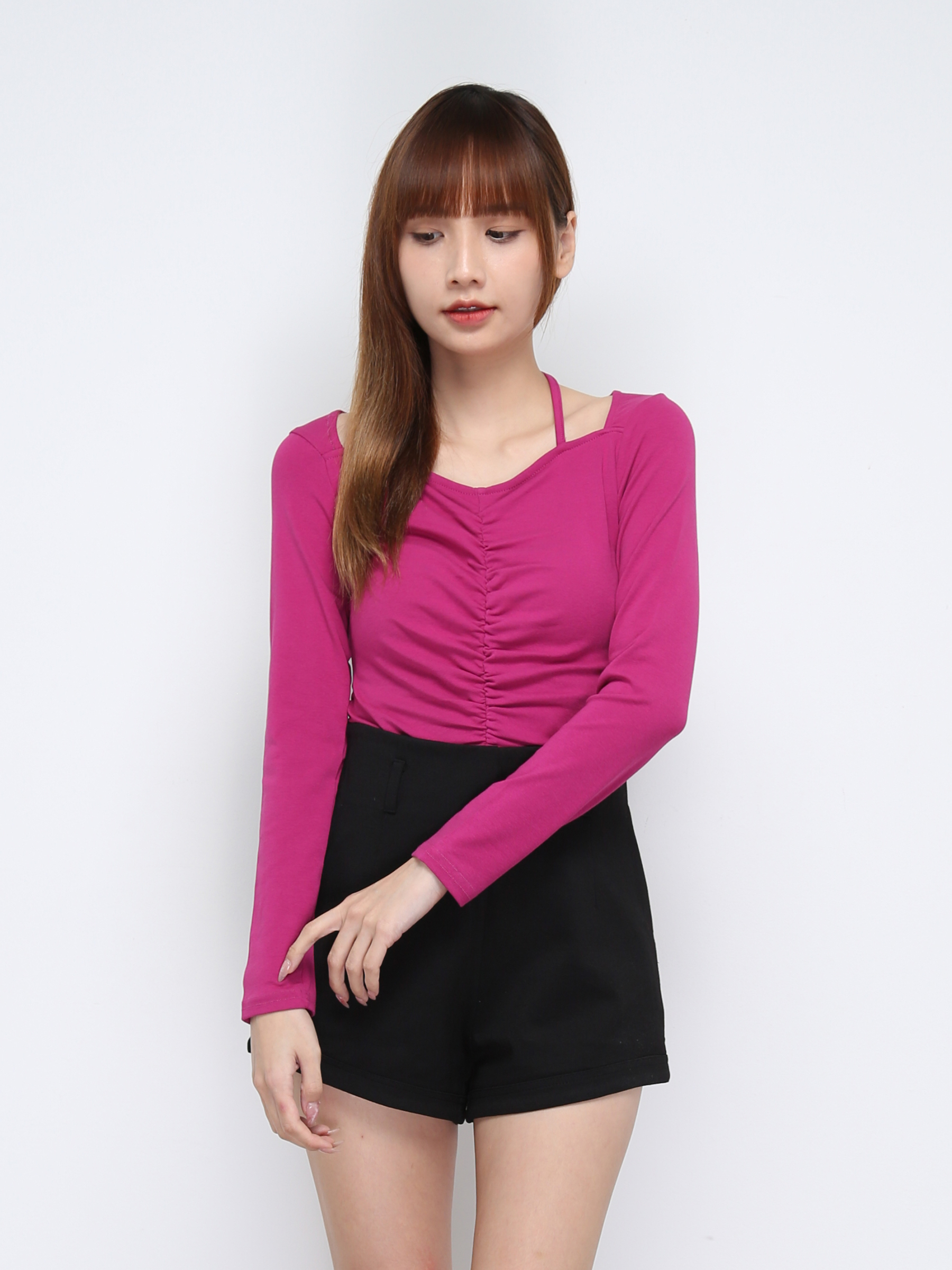 Front Pleated With Neckline Tie Up Long Sleeve Top 21182