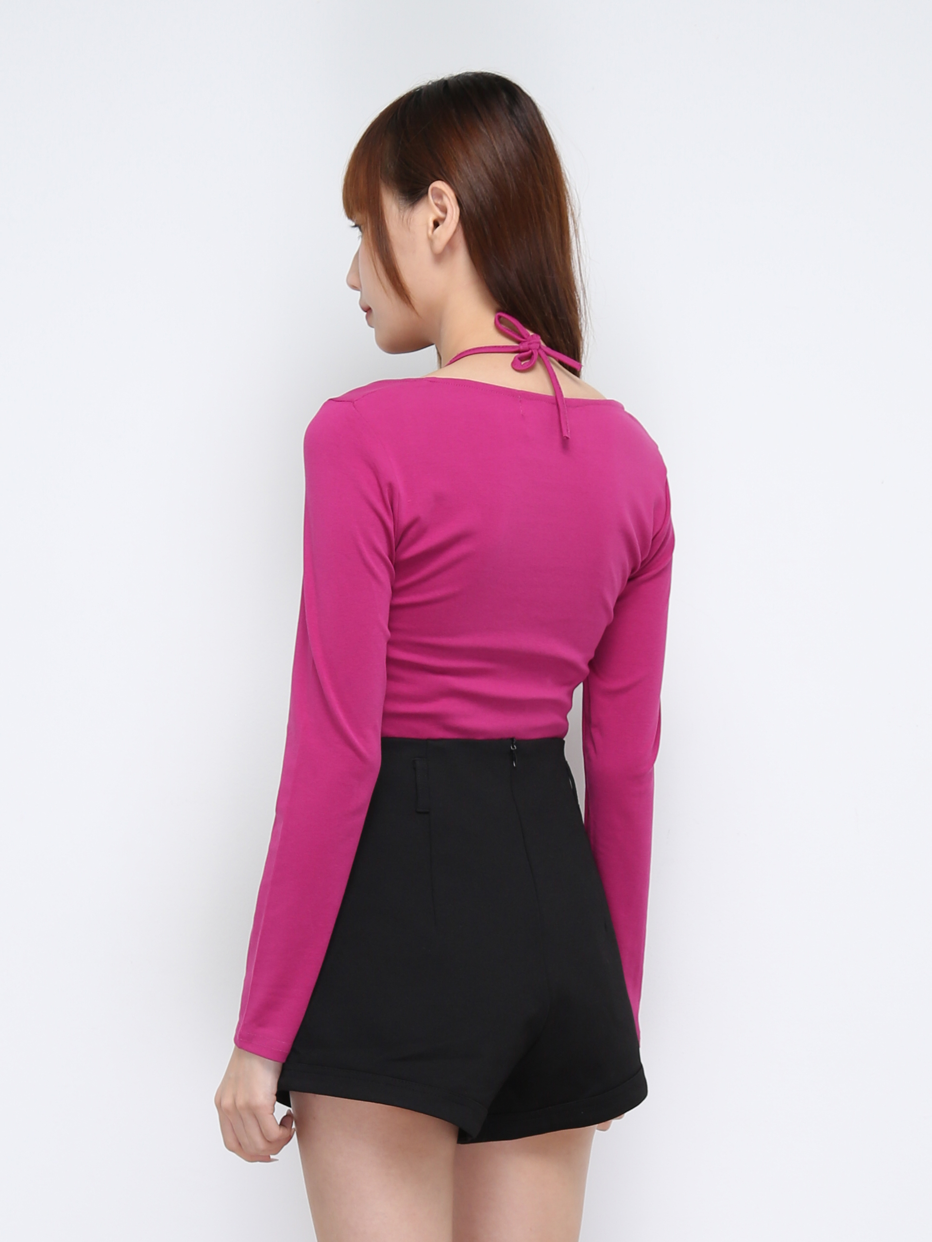 Front Pleated With Neckline Tie Up Long Sleeve Top 21182