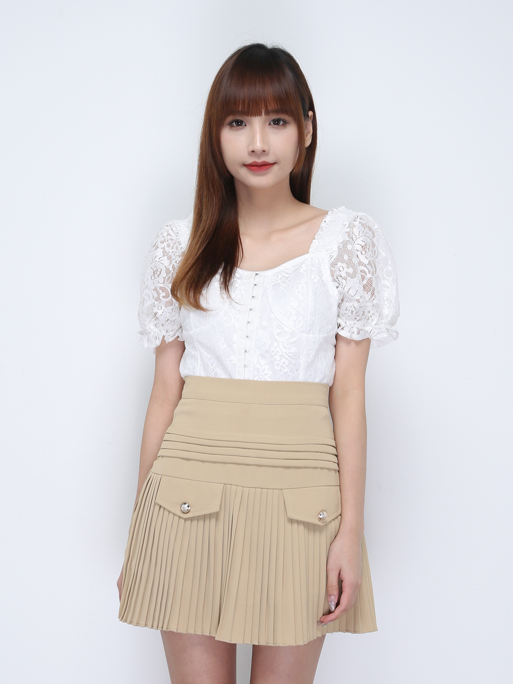 Puff Sleeve Lace With Button Top 21806