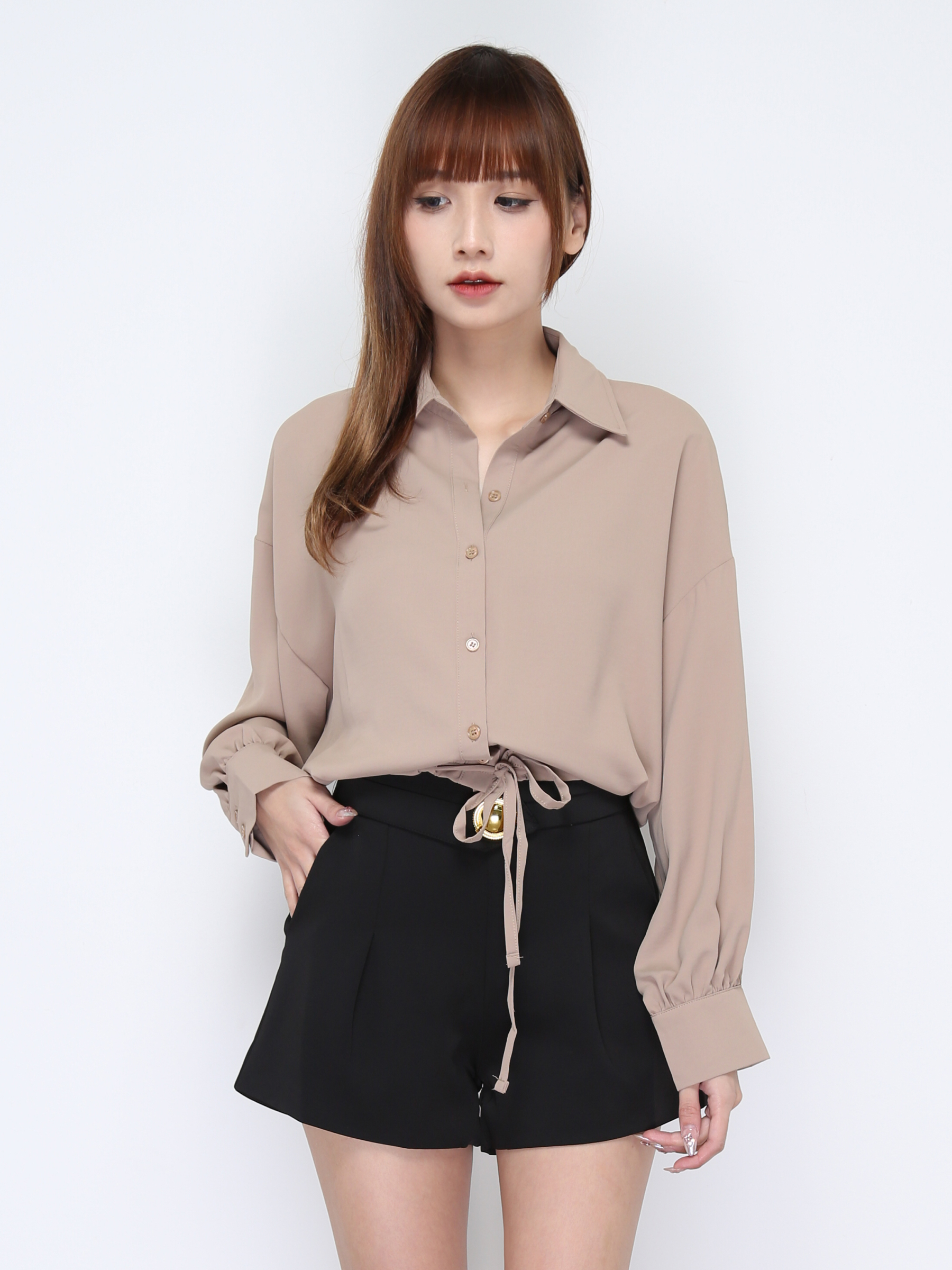 Collar Front Button Waist Drawstring Top 20579