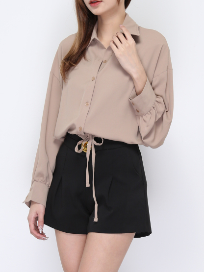 Collar Front Button Waist Drawstring Top 20579