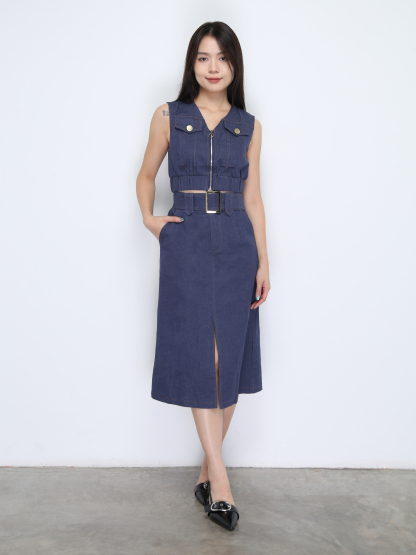 Sleeveless Top With Long Skirt With Belt Set DJ035