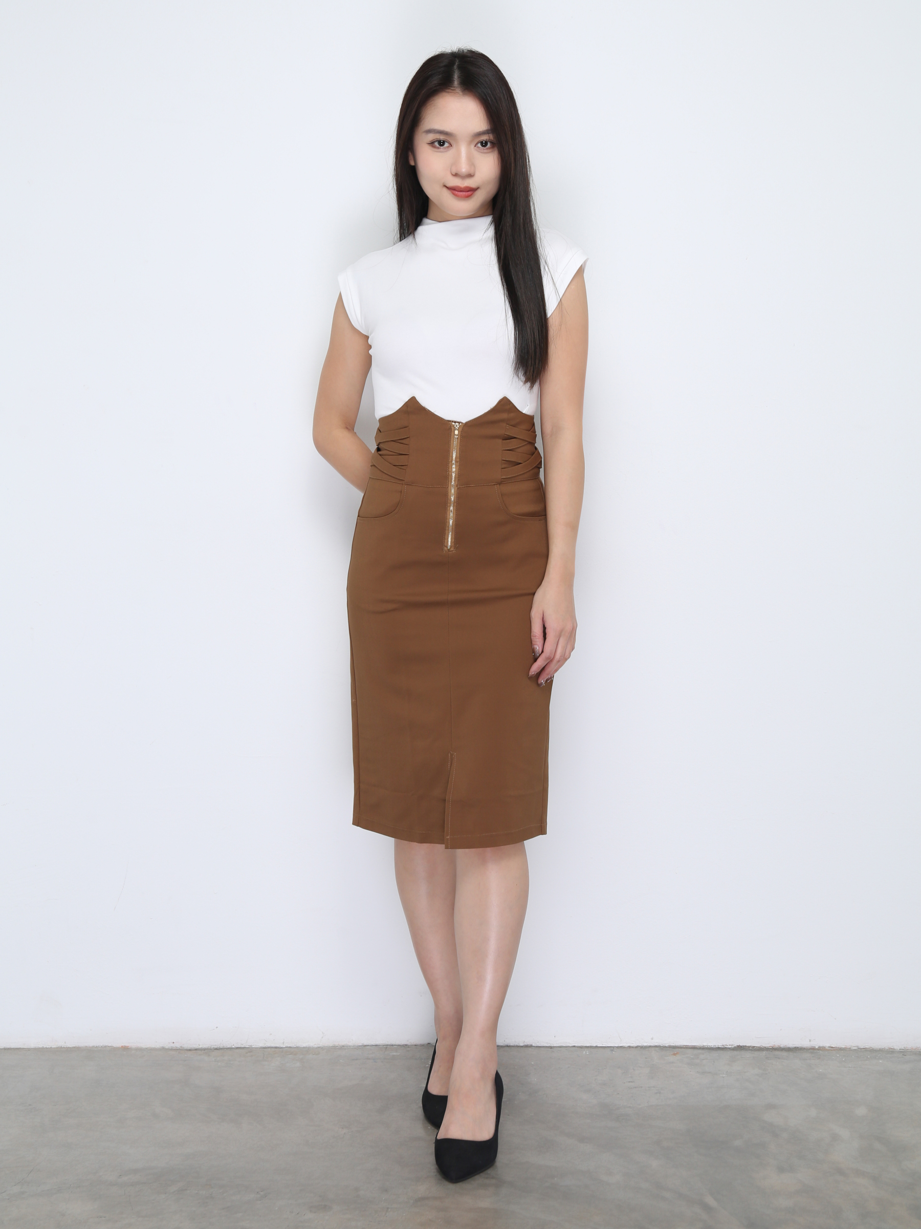 Front Zip Front Pocket Midi Skirt DJ036