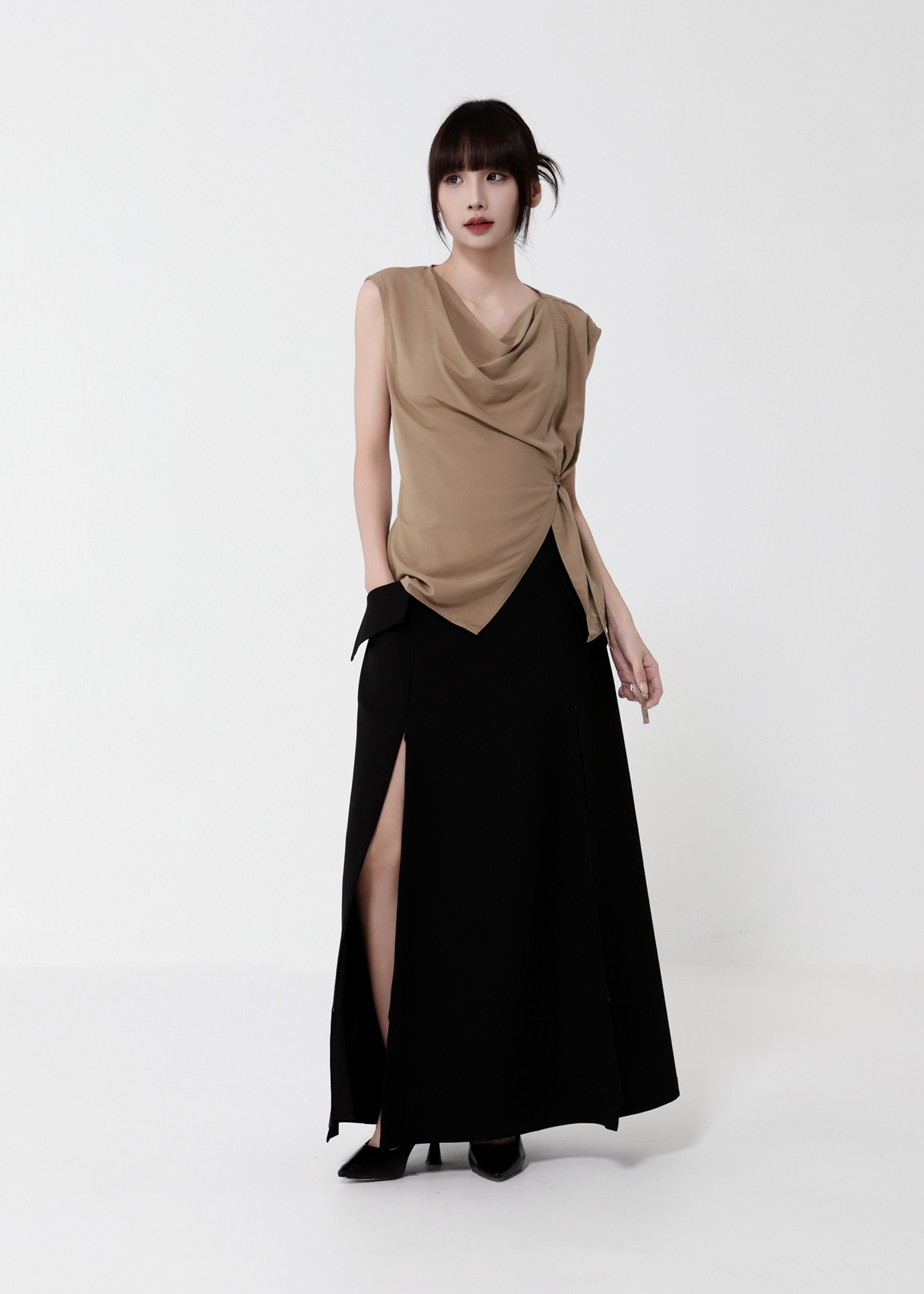 Elagent Draped Neck Sleeveless Waist Tie Top DJ123