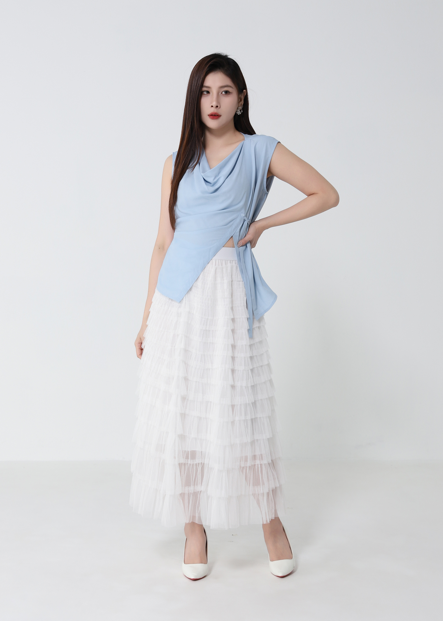 Draped Neck Sleeveless Waist Tie Top DJ123