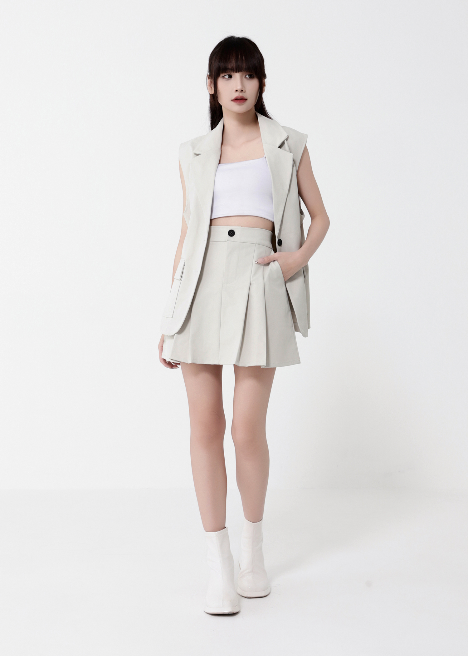 Collar Vest With Pleated Skirt Pant Set DJ125