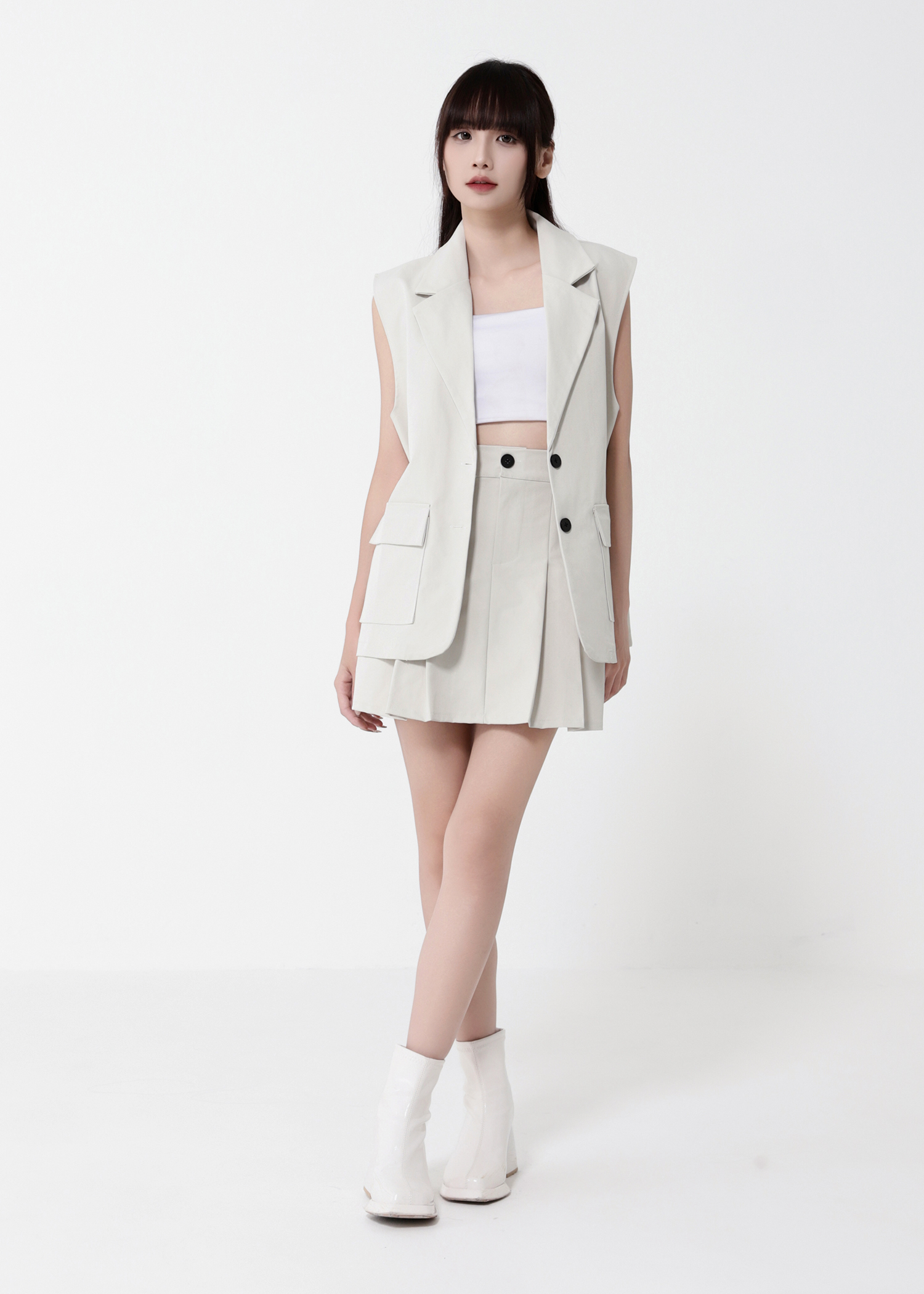 Collar Vest With Pleated Skirt Pant Set DJ125