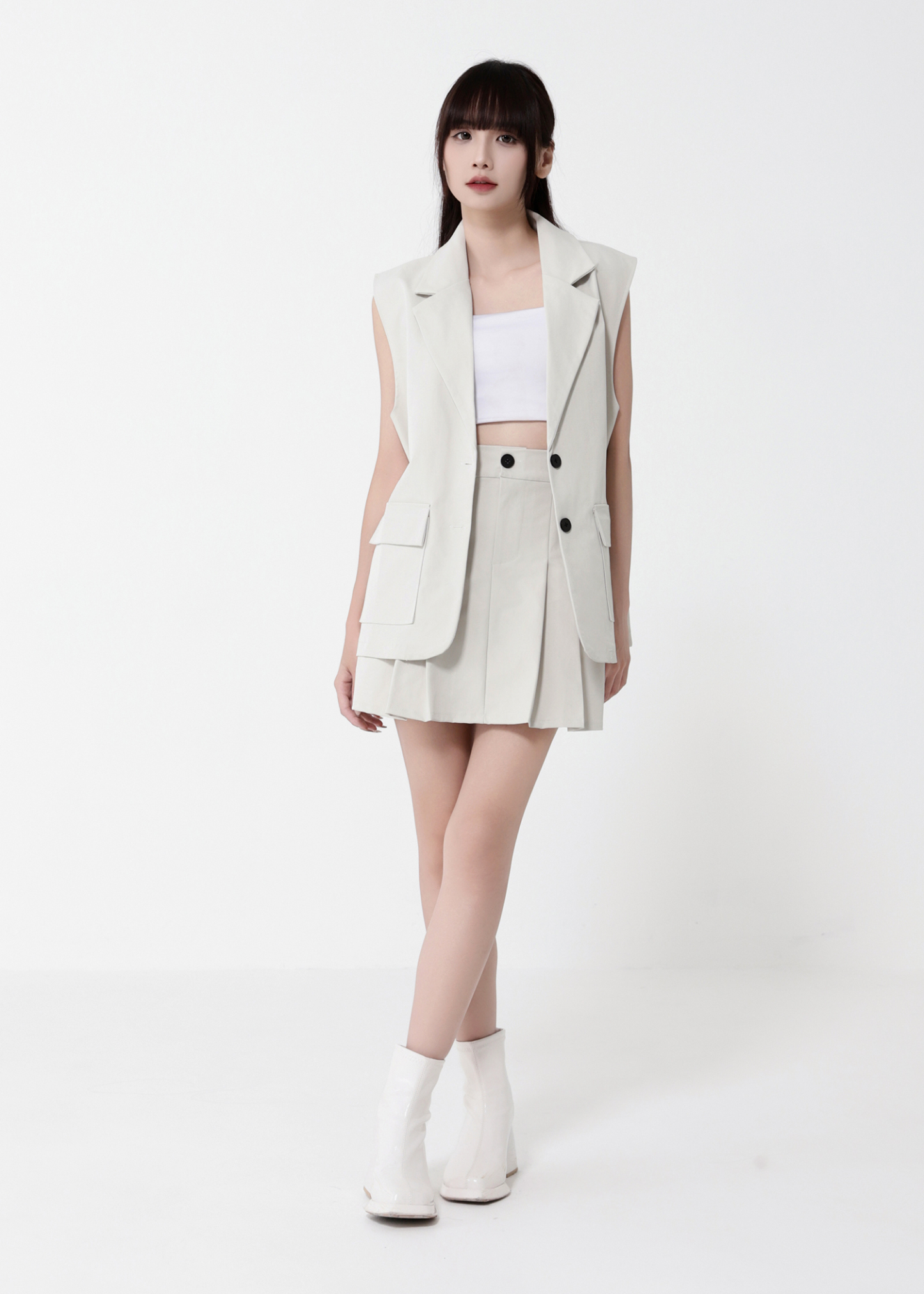 Collar Vest With Pleated Skirt Pant Set DJ125