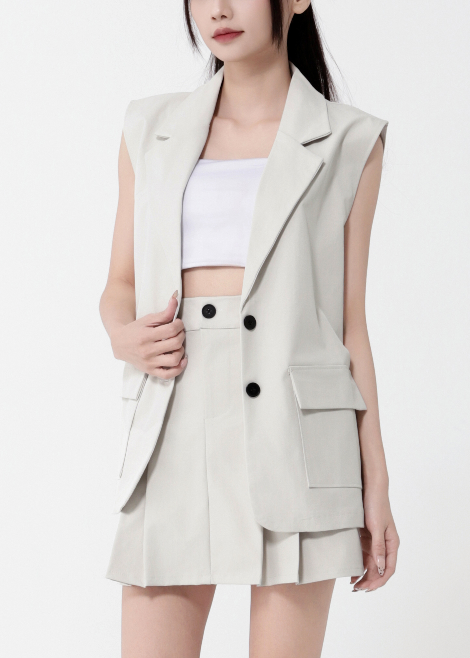 Collar Vest With Pleated Skirt Pant Set DJ125