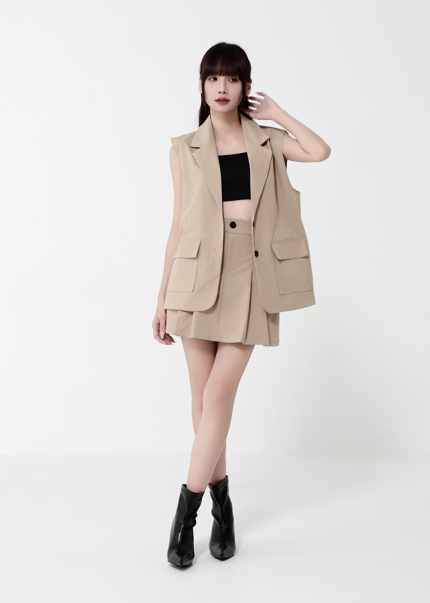 Collar Vest With Pleated Skirt Pant Set DJ125