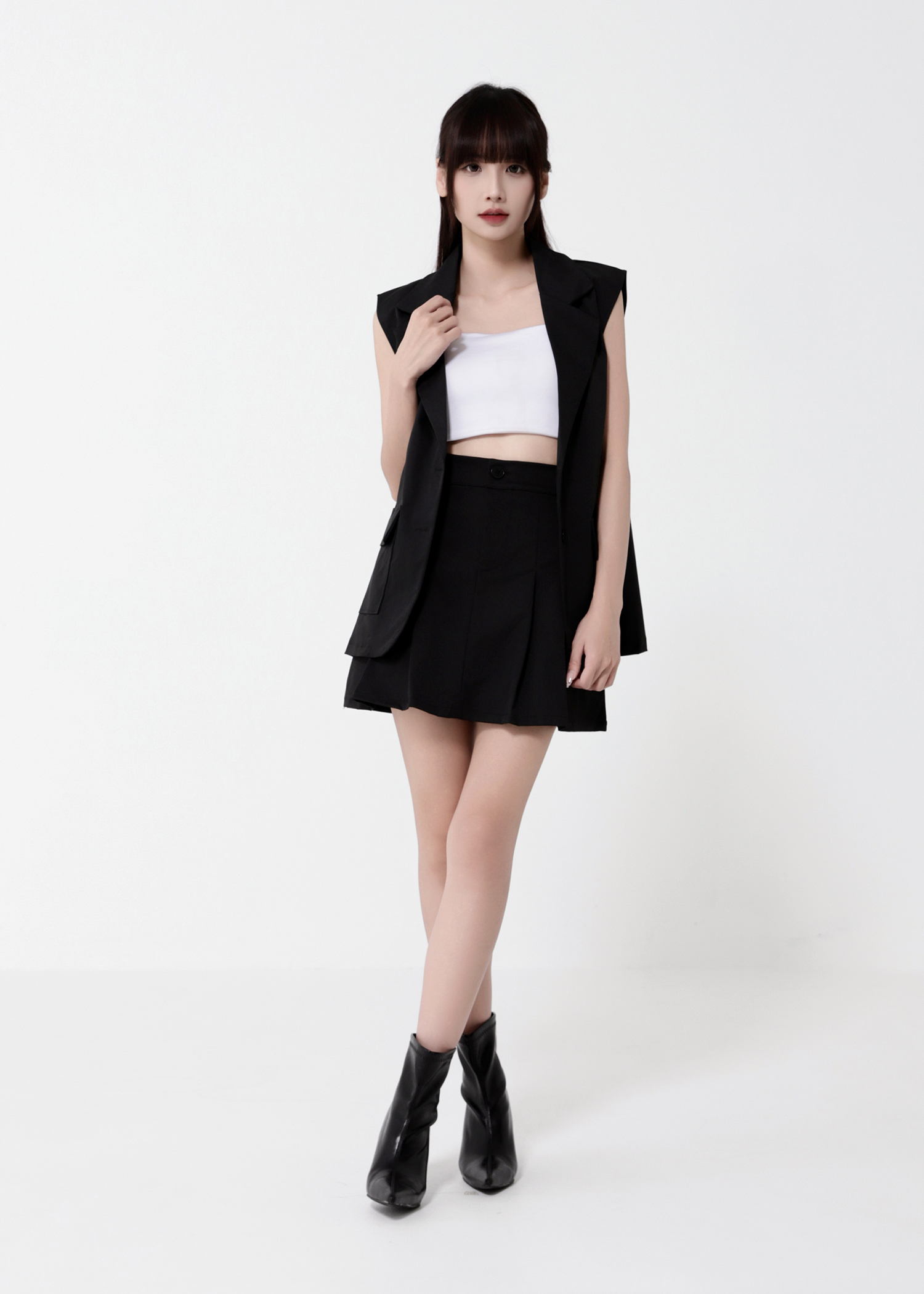 Collar Vest With Pleated Skirt Pant Set DJ125