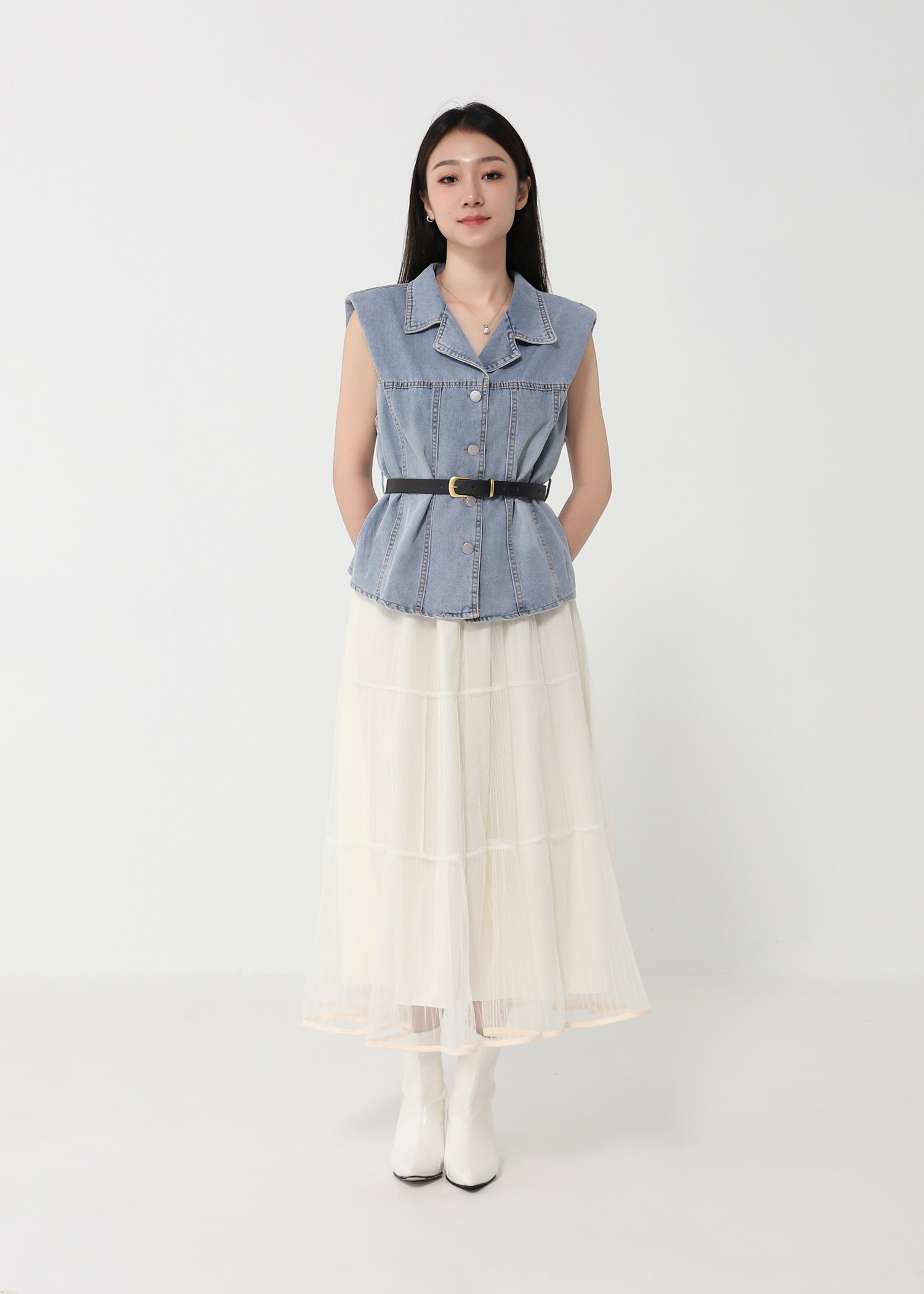 Denim Top With Net Skirt Set DJ159