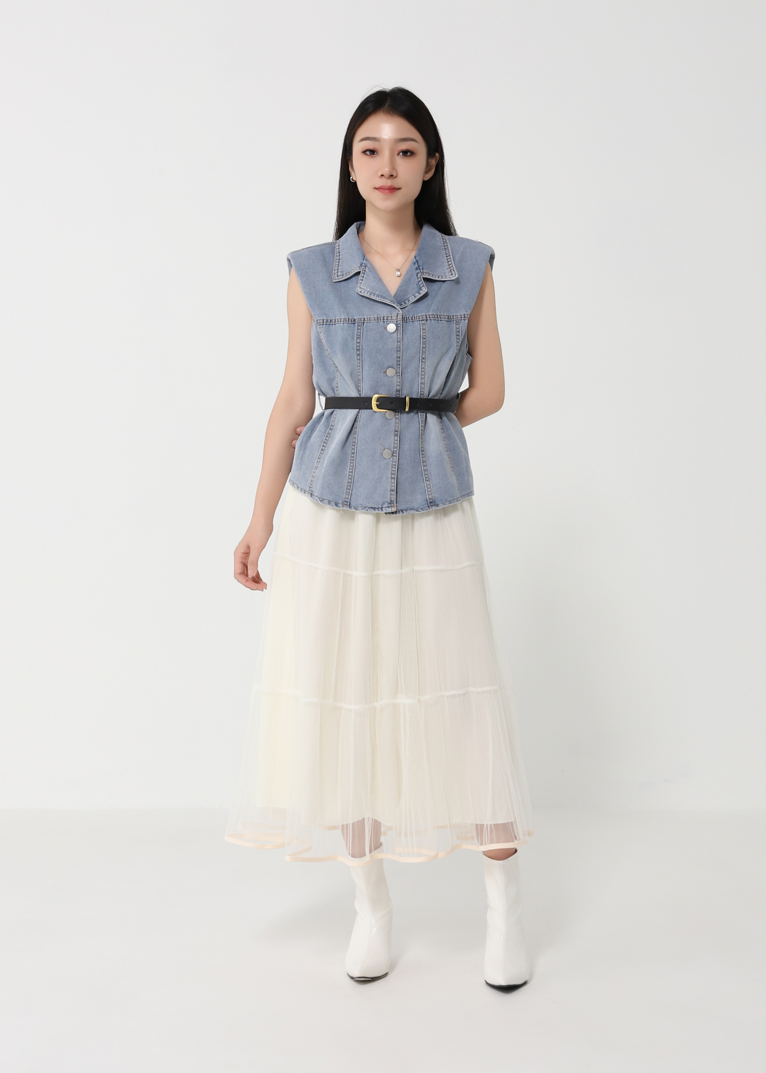 Denim Top With Net Skirt Set DJ159