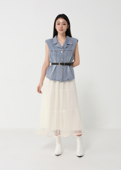 Denim Top With Net Skirt Set DJ159