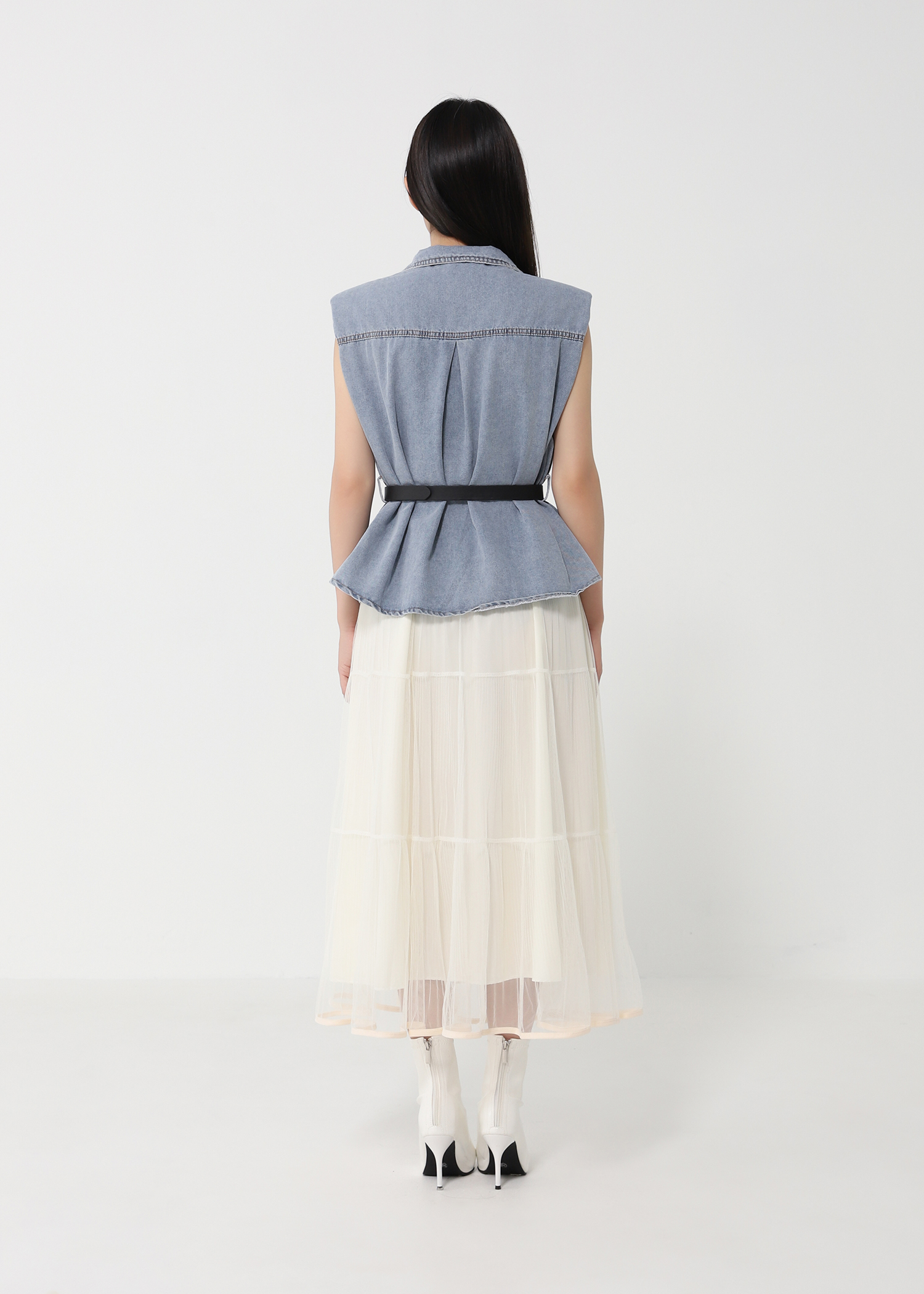 Denim Top With Net Skirt Set DJ159