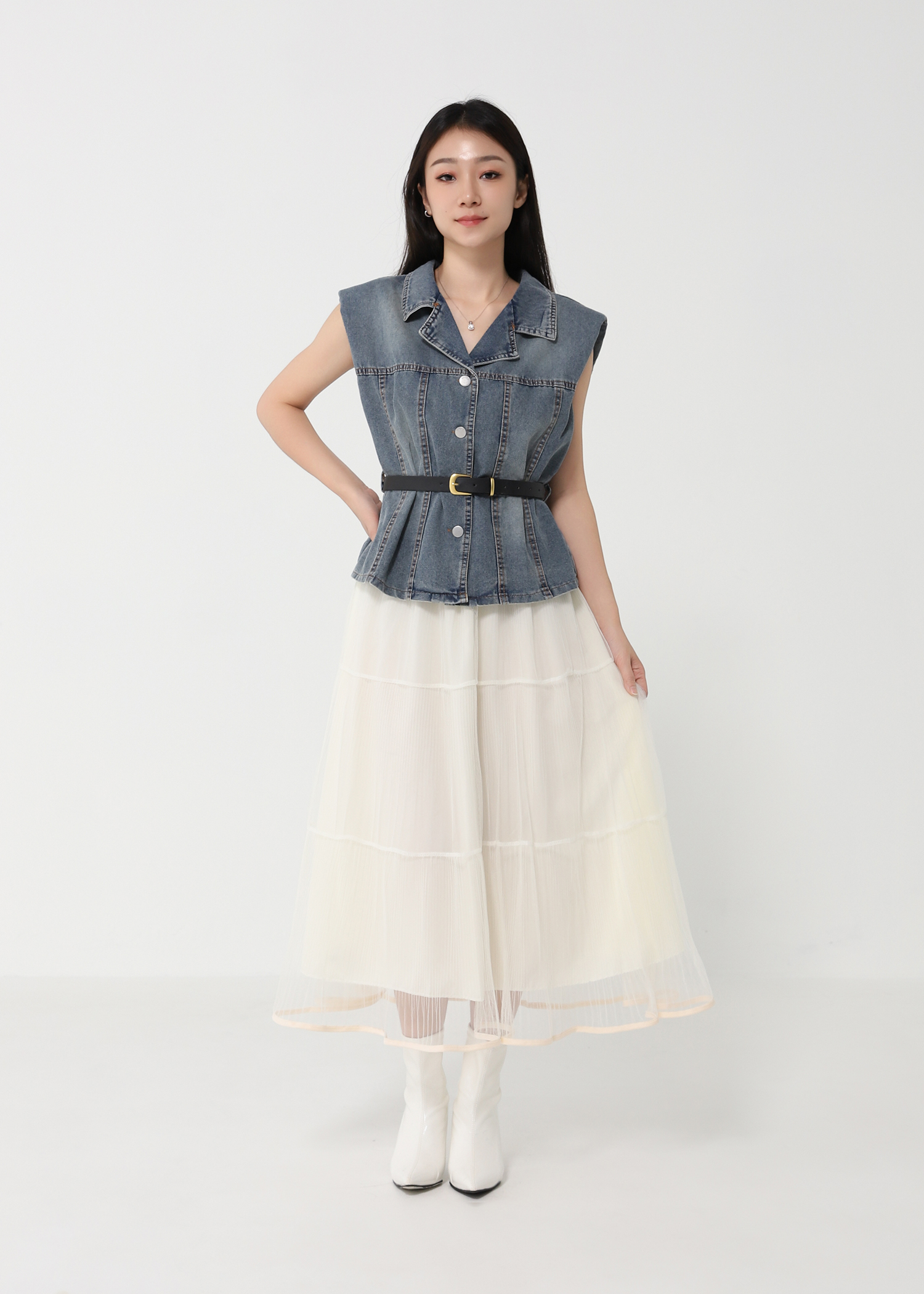 Denim Top With Net Skirt Set DJ159