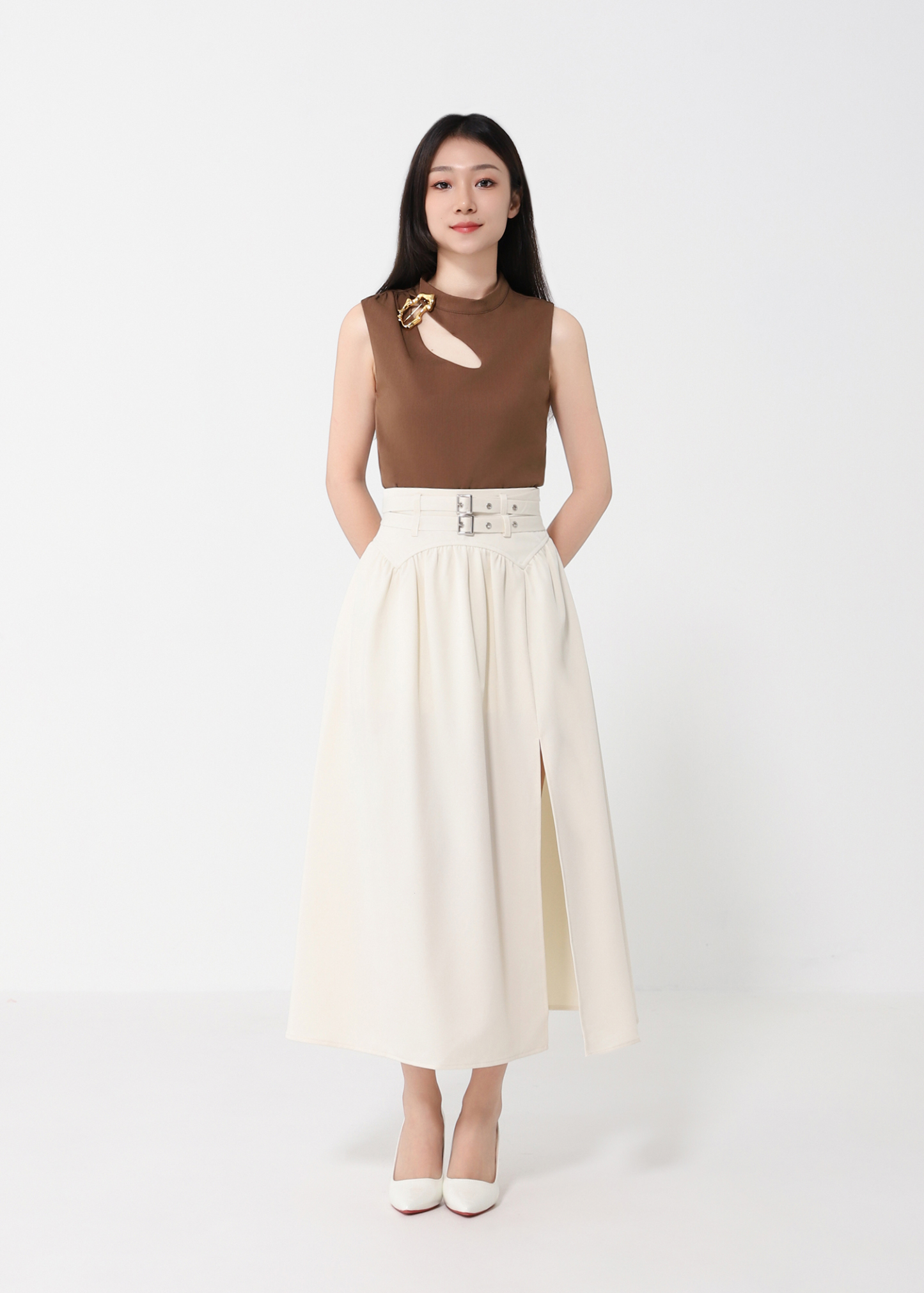 Sleeveless Keyhole Top with Gold Buckle Detail DJ200
