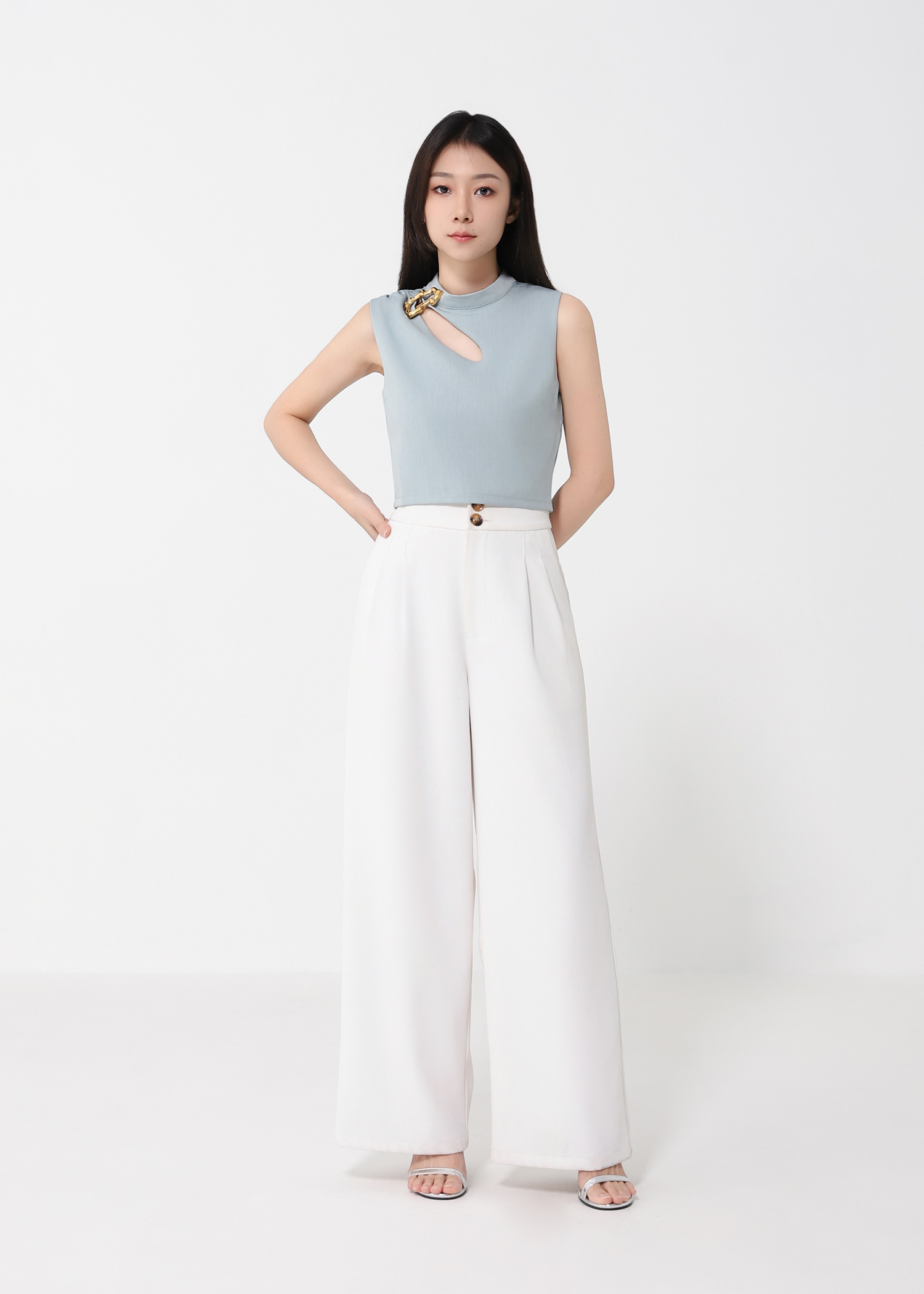 Sleeveless Keyhole Top with Gold Buckle Detail DJ200