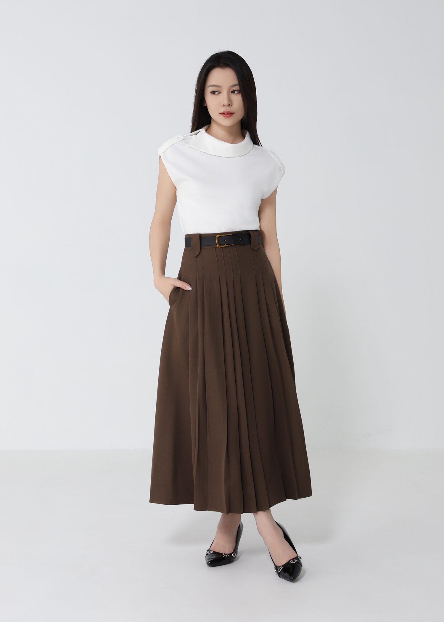 Belted A-Line Pleated Skirt DJ238