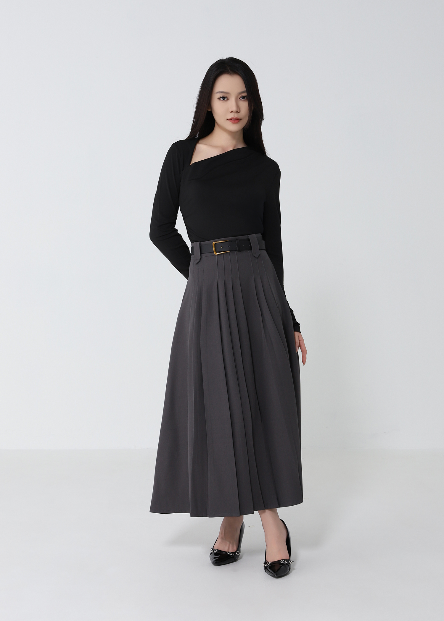 Belted A-Line Pleated Skirt DJ238