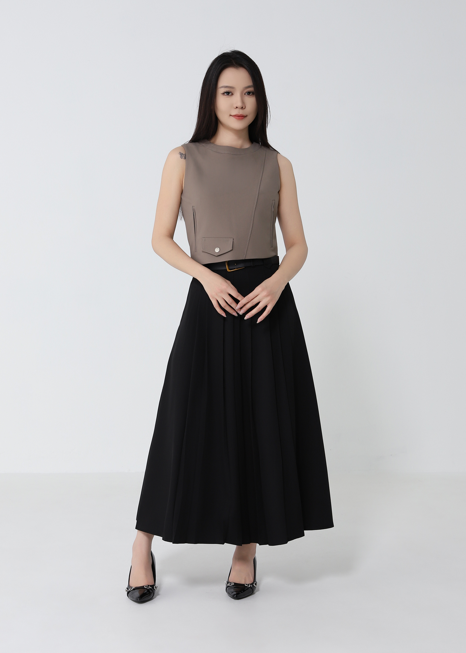 Belted A-Line Pleated Skirt DJ238