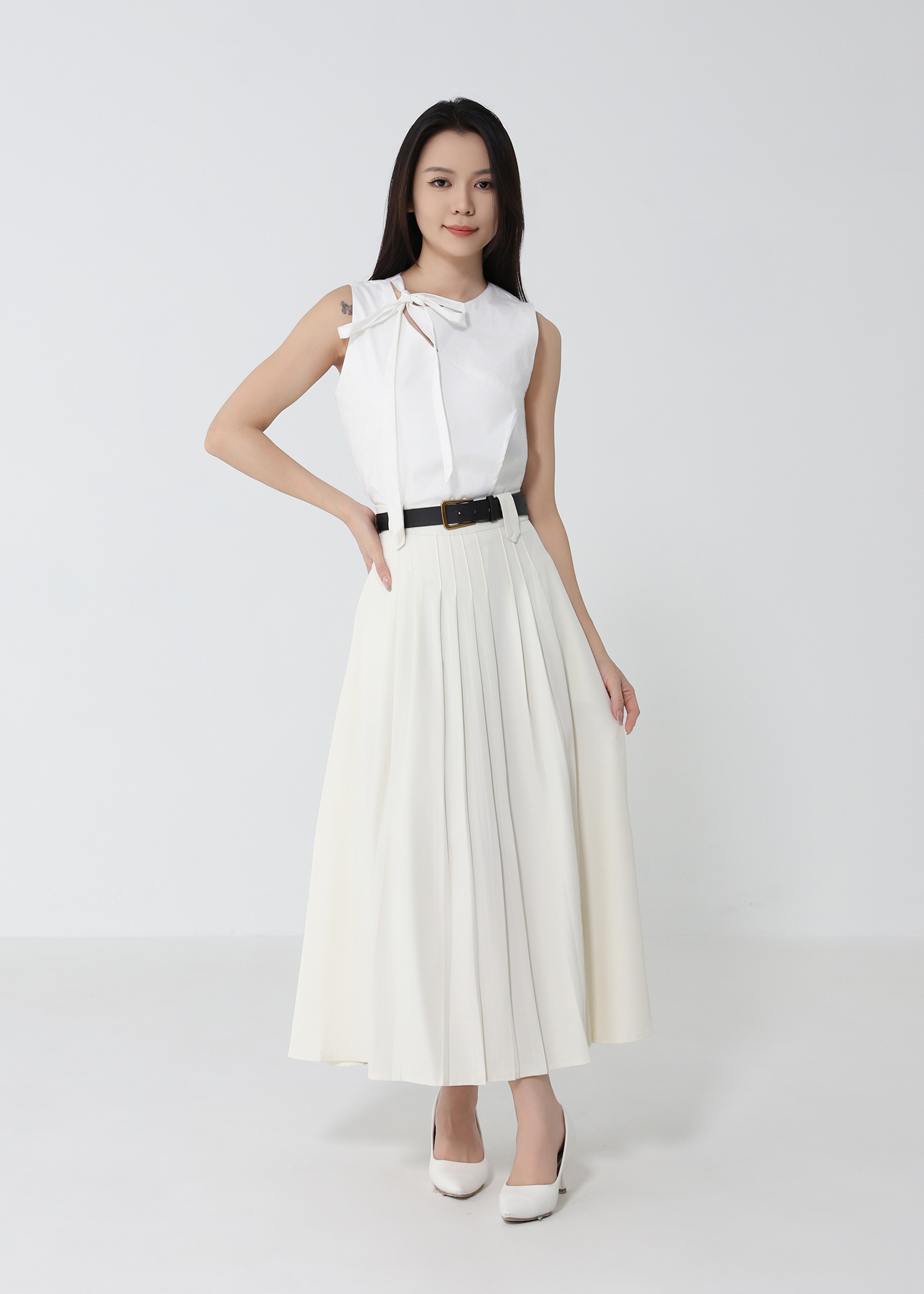 Belted A-Line Pleated Skirt DJ238