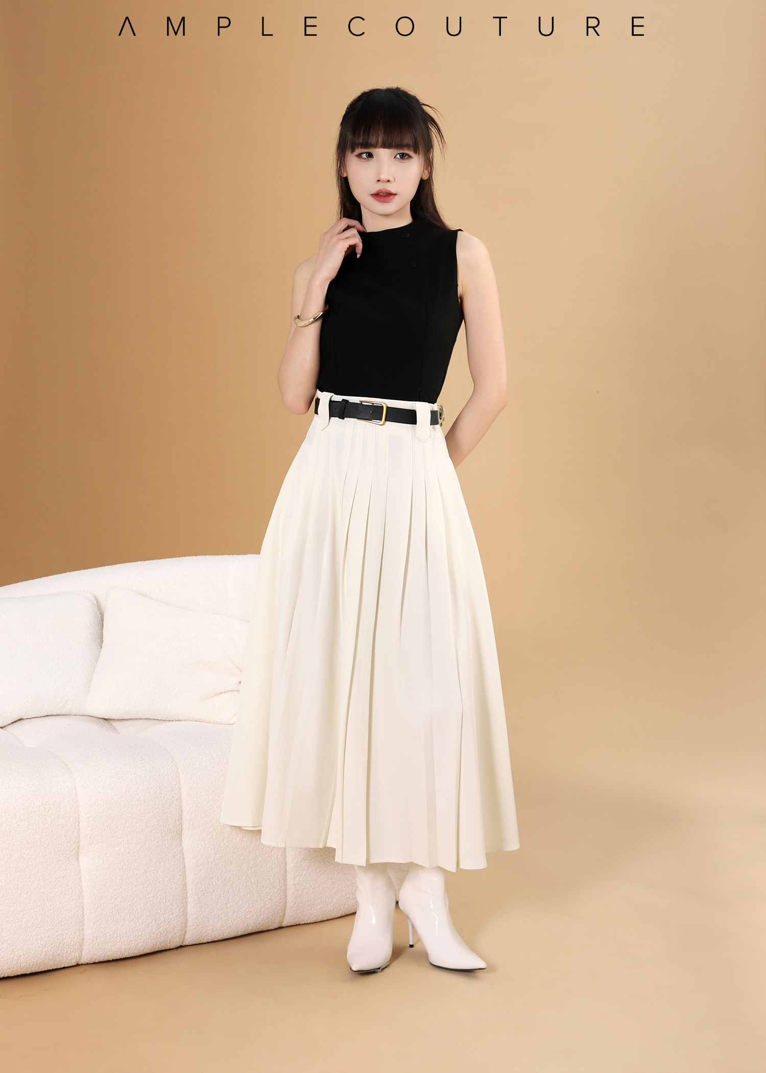 Belted A-Line Pleated Skirt DJ238
