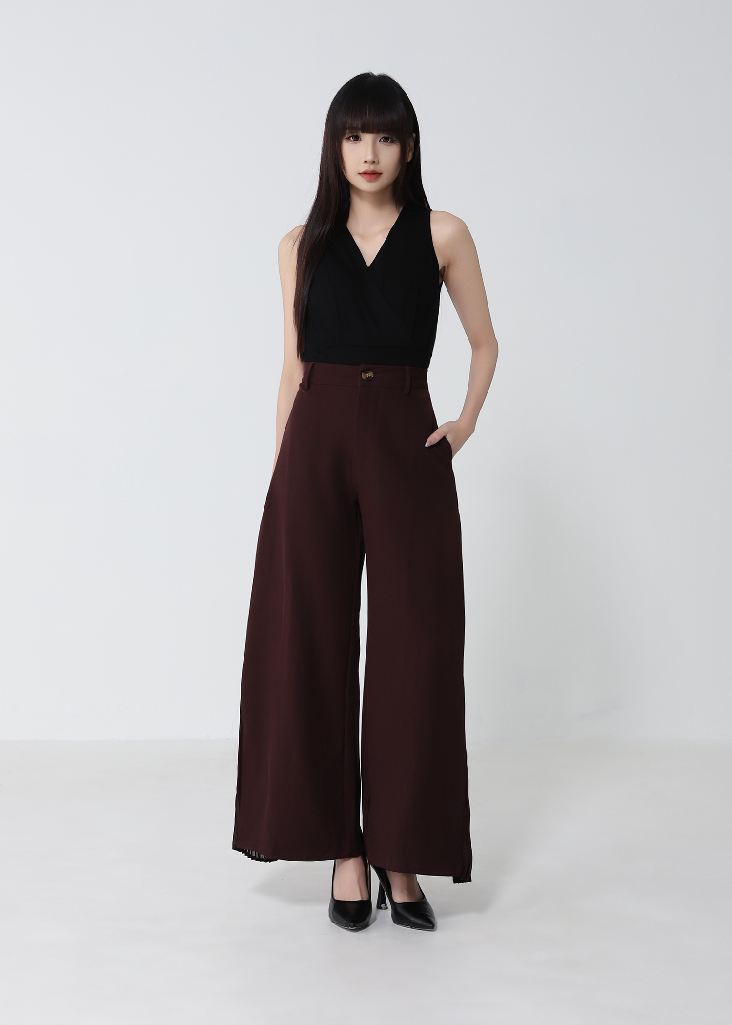 Pleated Panel Wide-Leg Long Pants DJ279