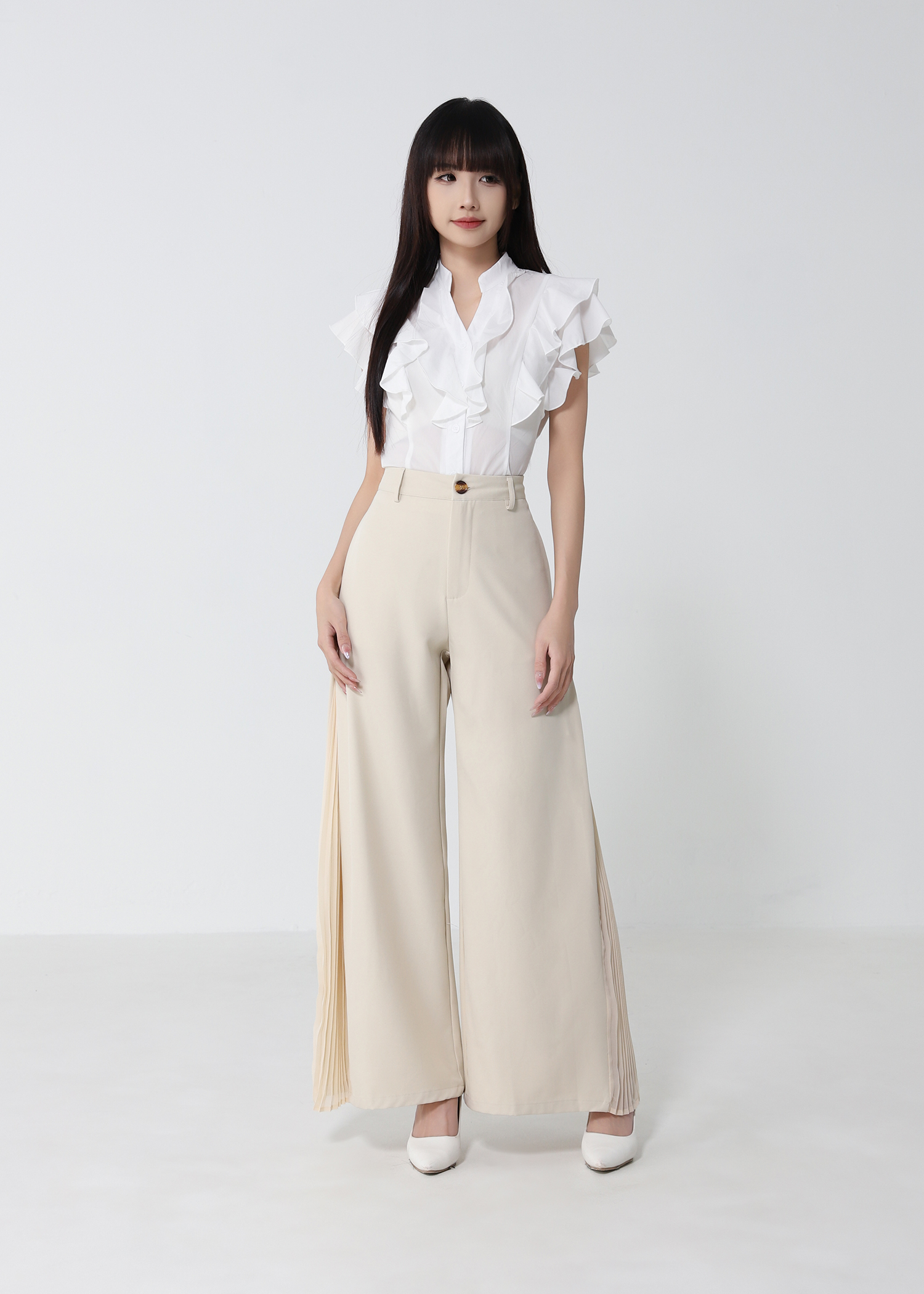 Pleated Panel Wide-Leg Long Pants DJ279