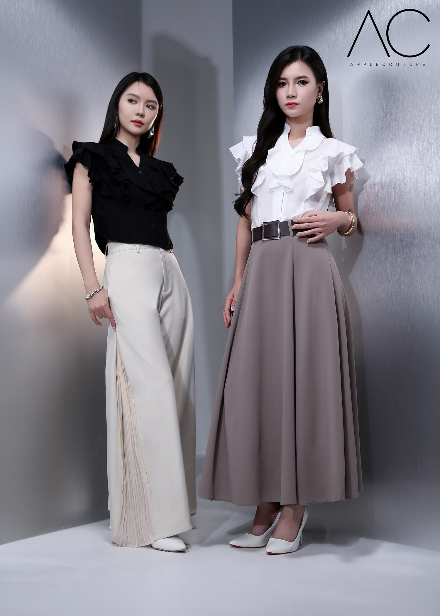 Pleated Panel Wide-Leg Long Pants DJ279