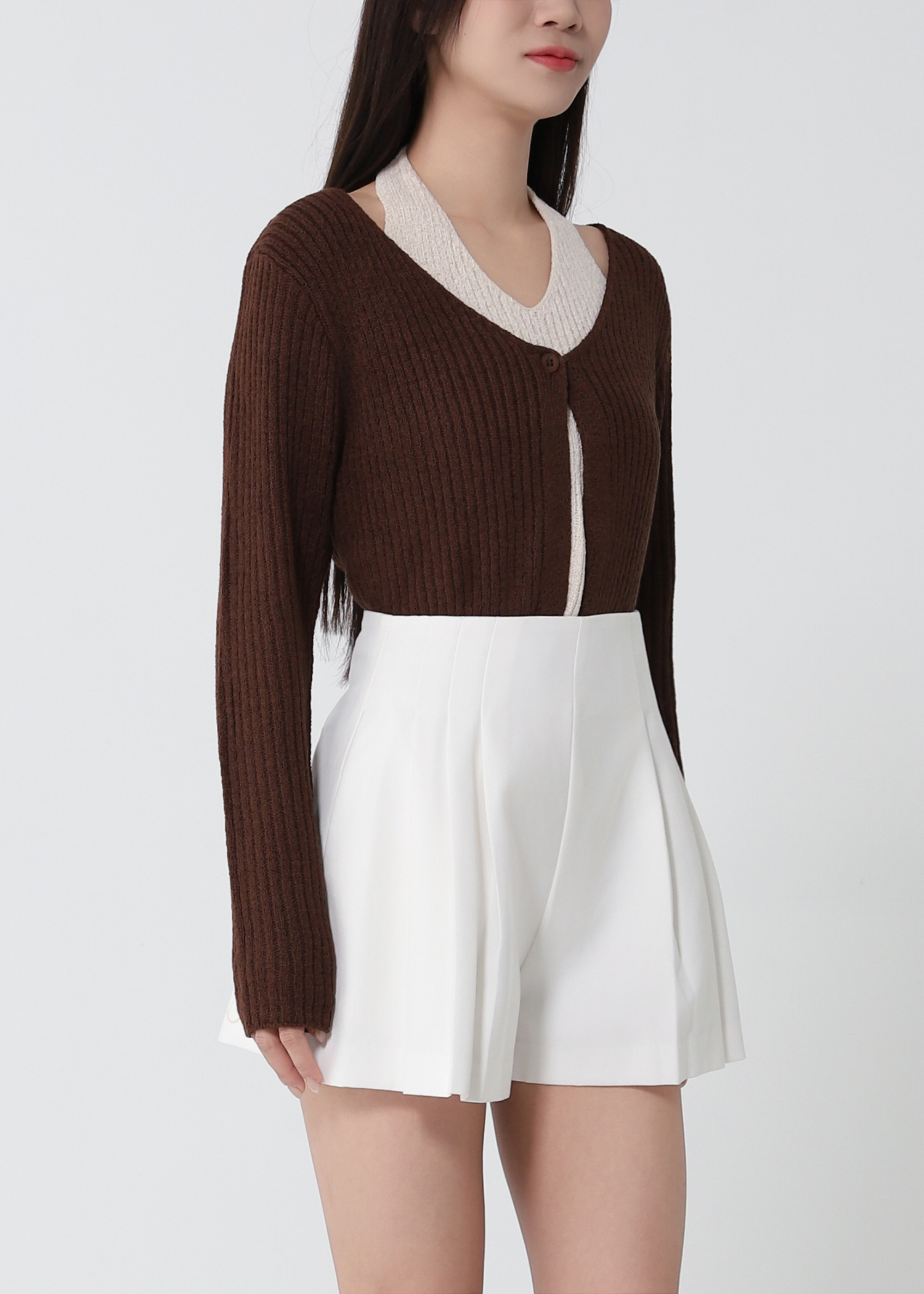 Contrast V-Neck Layered Knit Cardigan DJ284