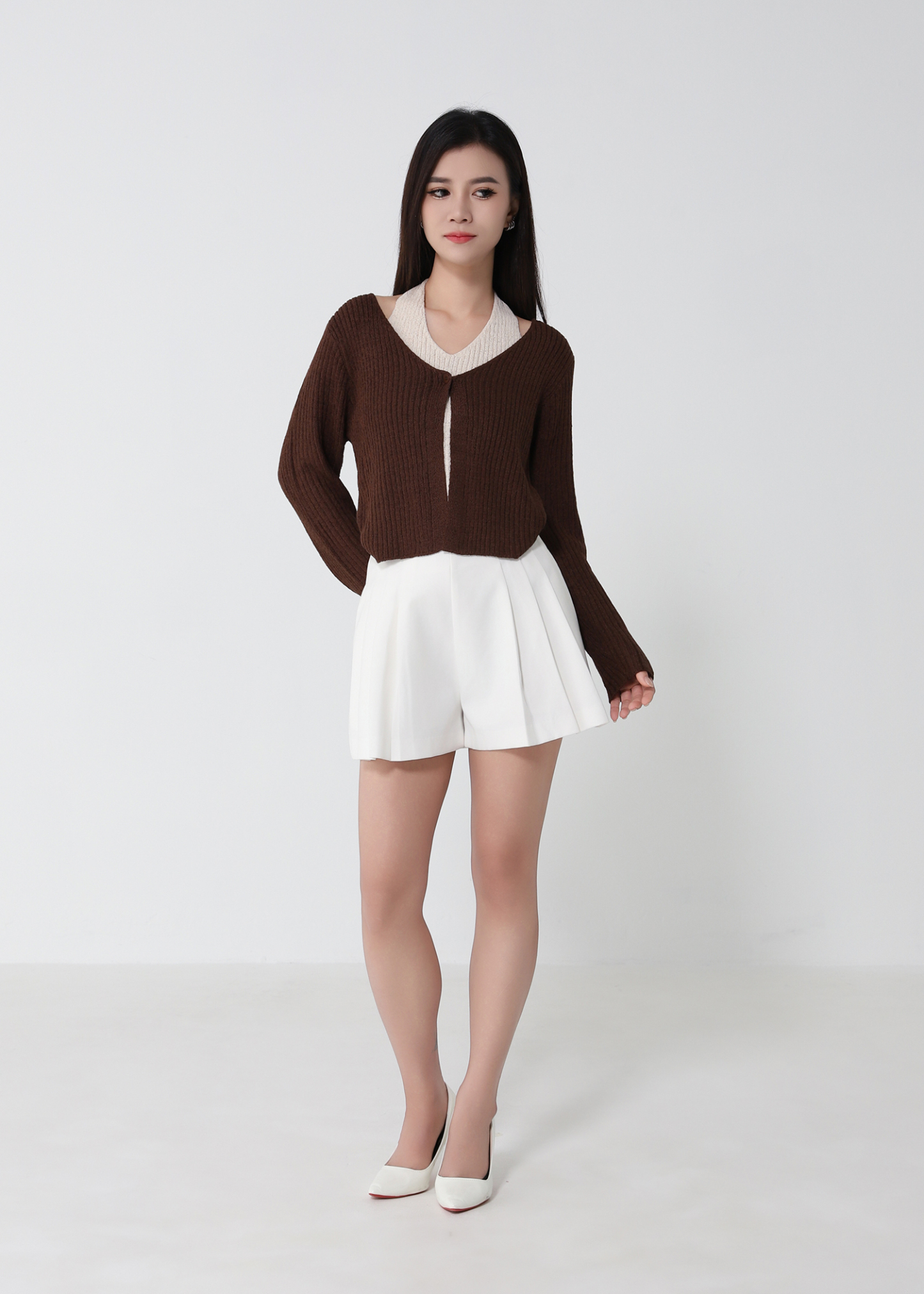 Contrast V-Neck Layered Knit Cardigan DJ284