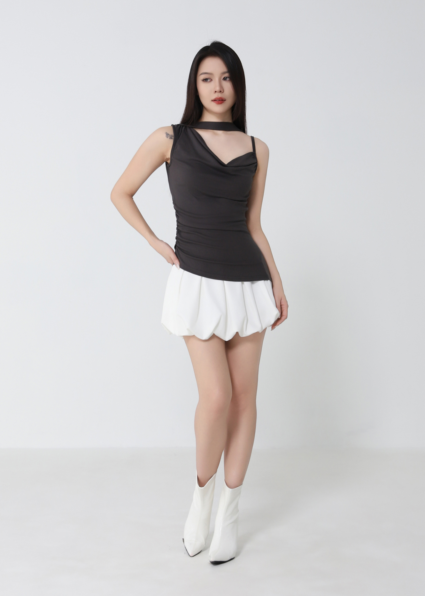 Elegant Ruched Top with Neck Tie DJ292