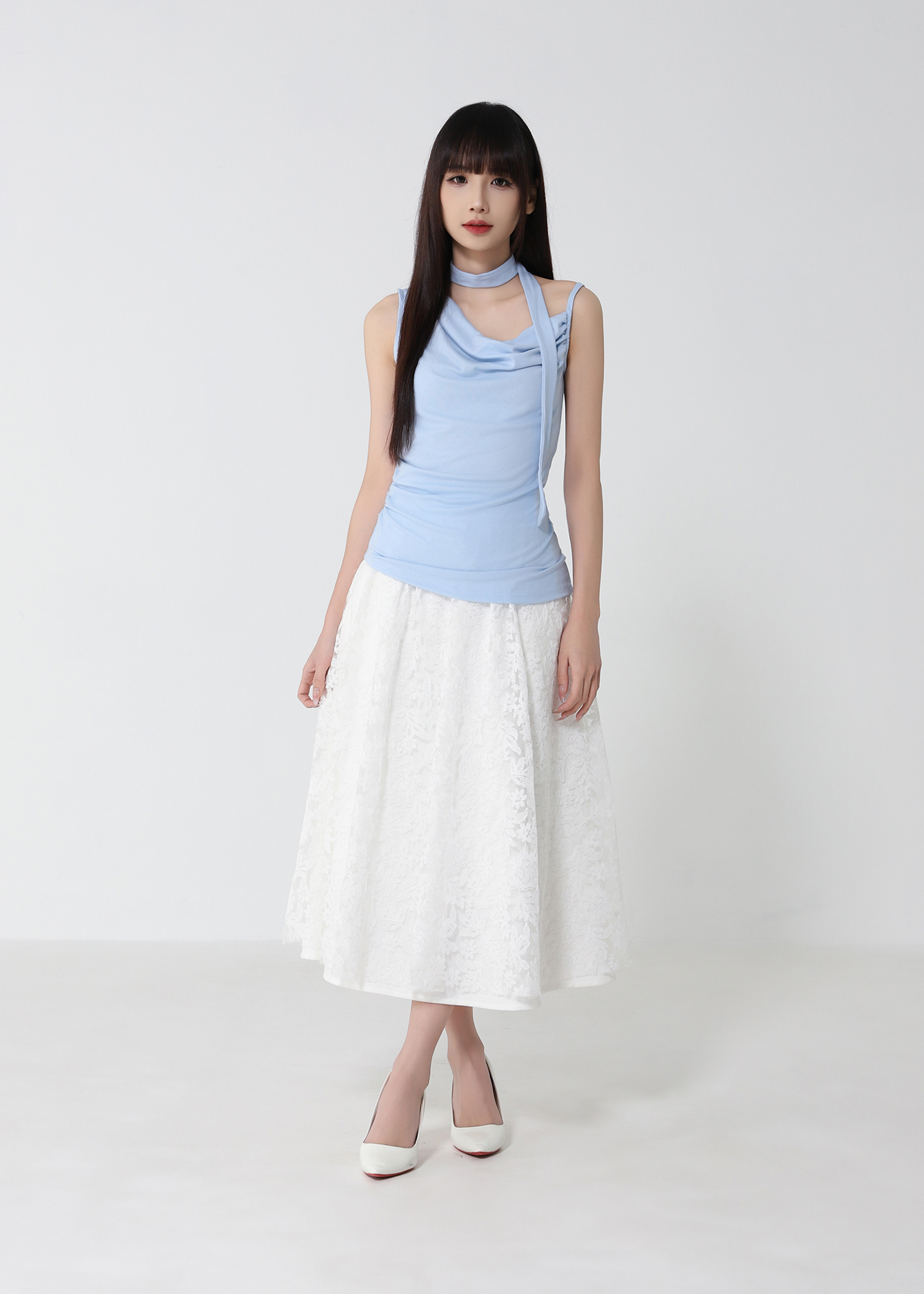 Elegant Ruched Top with Neck Tie DJ292
