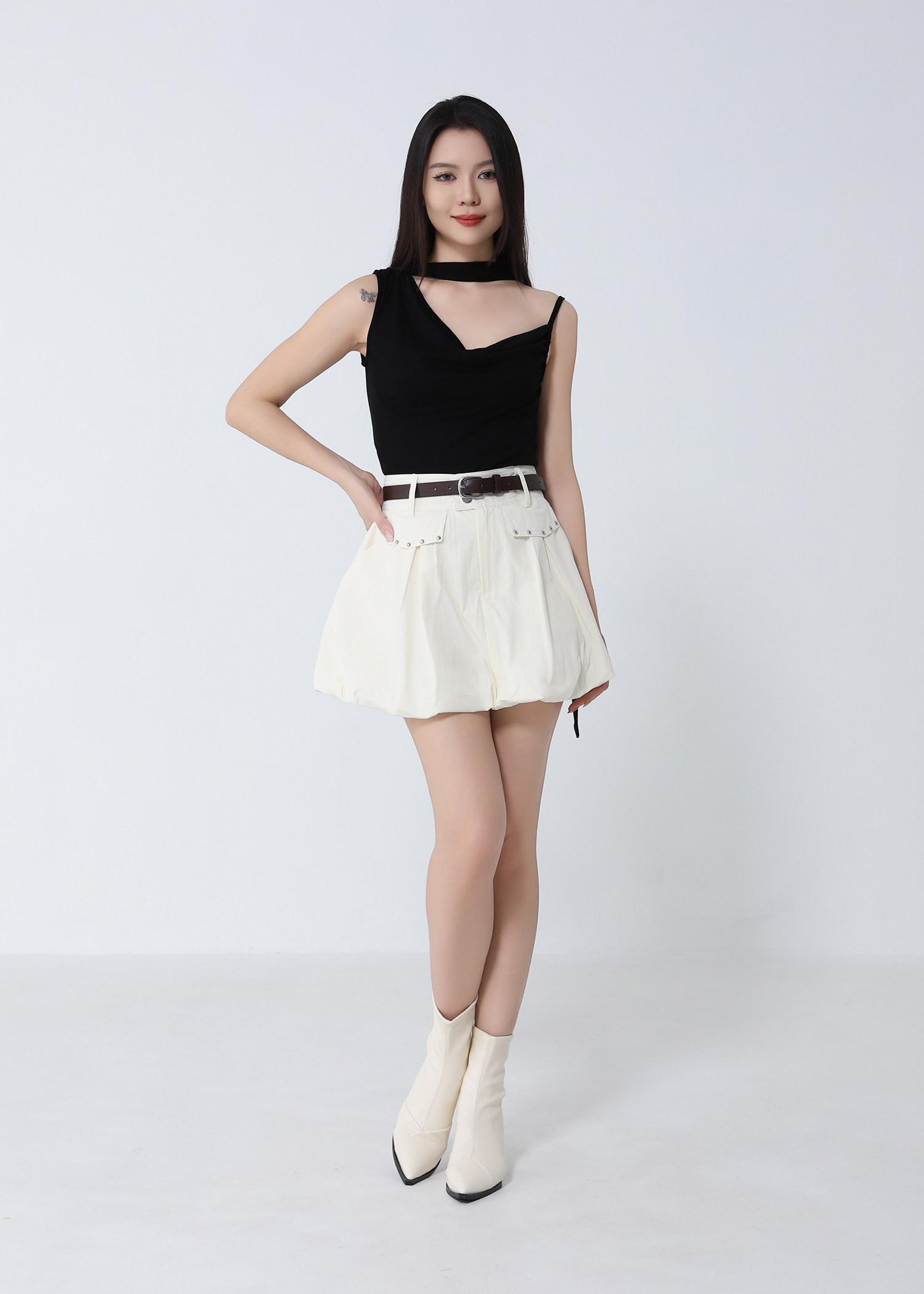 Studded Pocket Bubble Skort with Belt DJ308