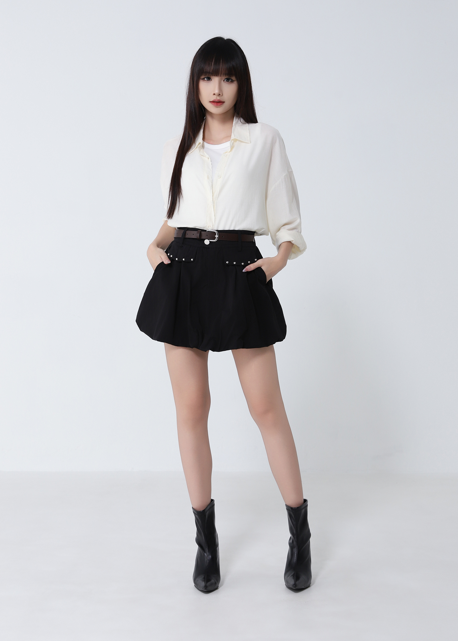 Studded Pocket Bubble Skort with Belt DJ308