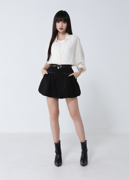 Studded Pocket Bubble Skort with Belt DJ308